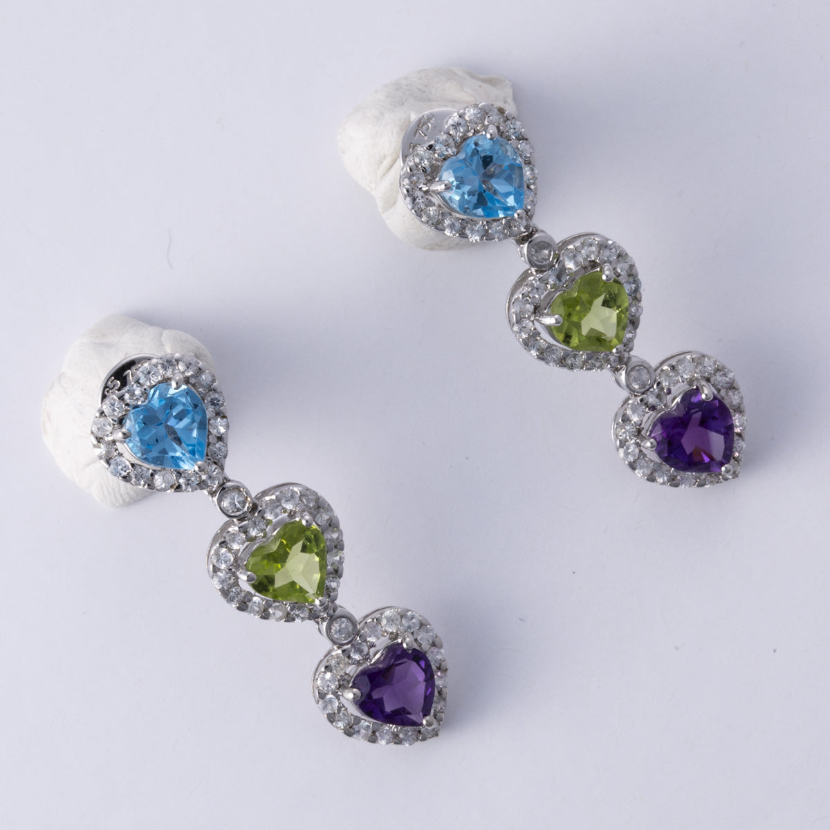 18k White Gold Multi Gem Heart Earrings | 2.15 ctw, 2.80 ctw
