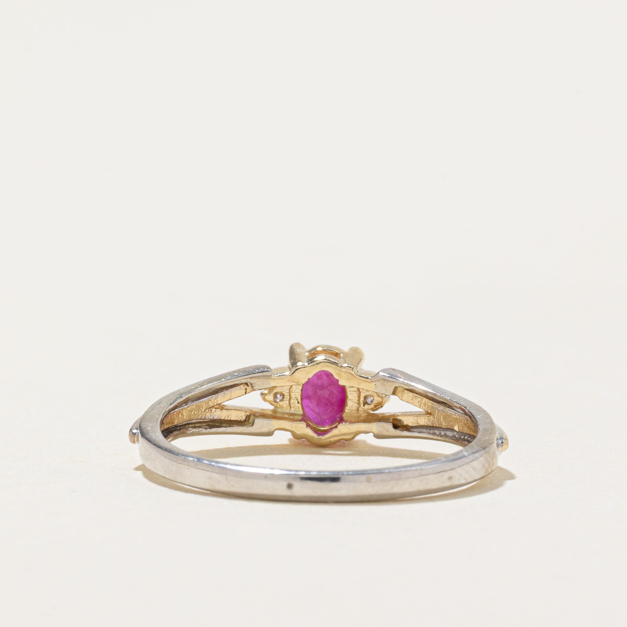 Two Tone Gold Glass Filled Ruby & Diamond Ring | SZ 4.75