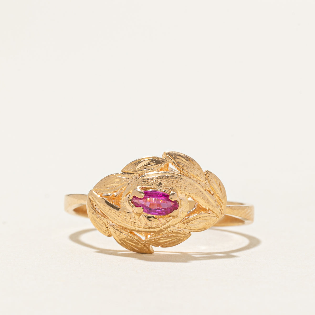 18k Marquise Cut Synthetic Ruby Leaf Ring | SZ 8.25