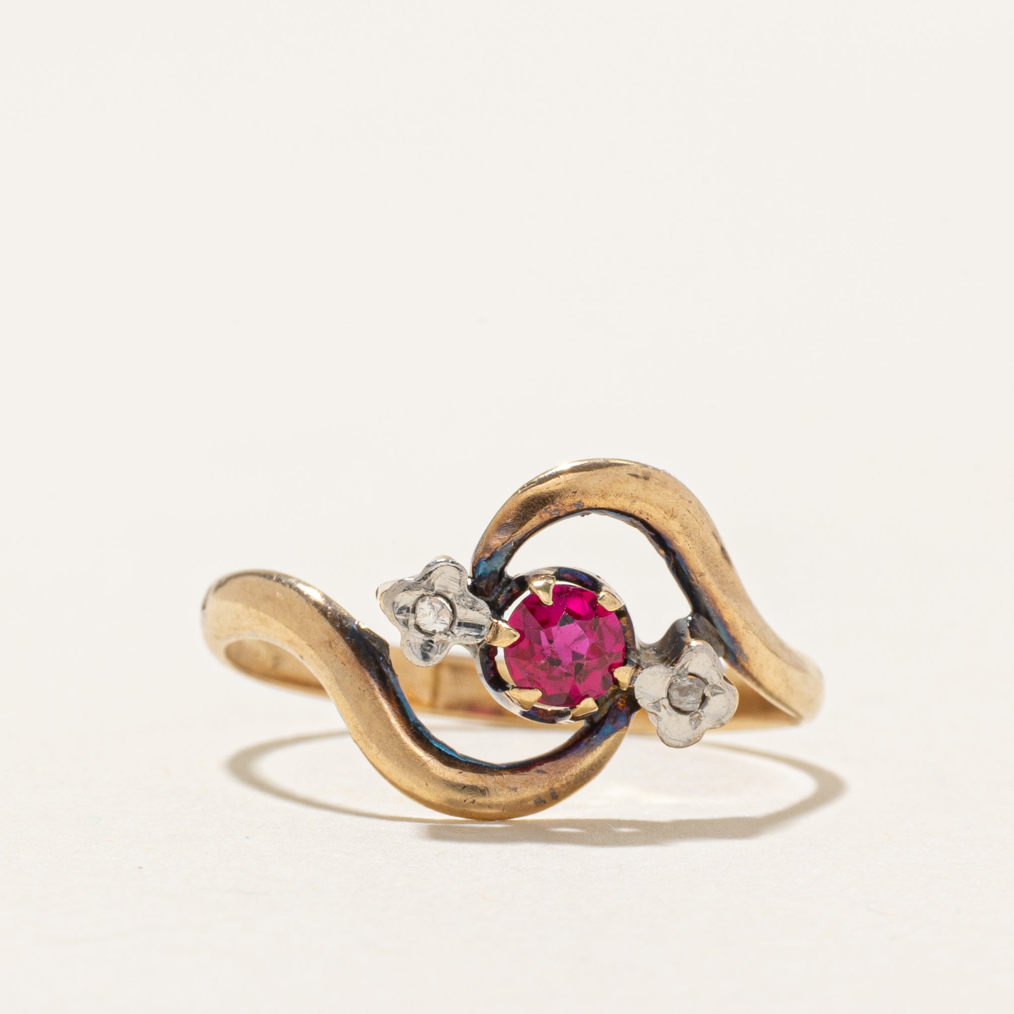 18k Three Stone Synthetic Ruby & Natural Diamond Bypass Ring | SZ 7