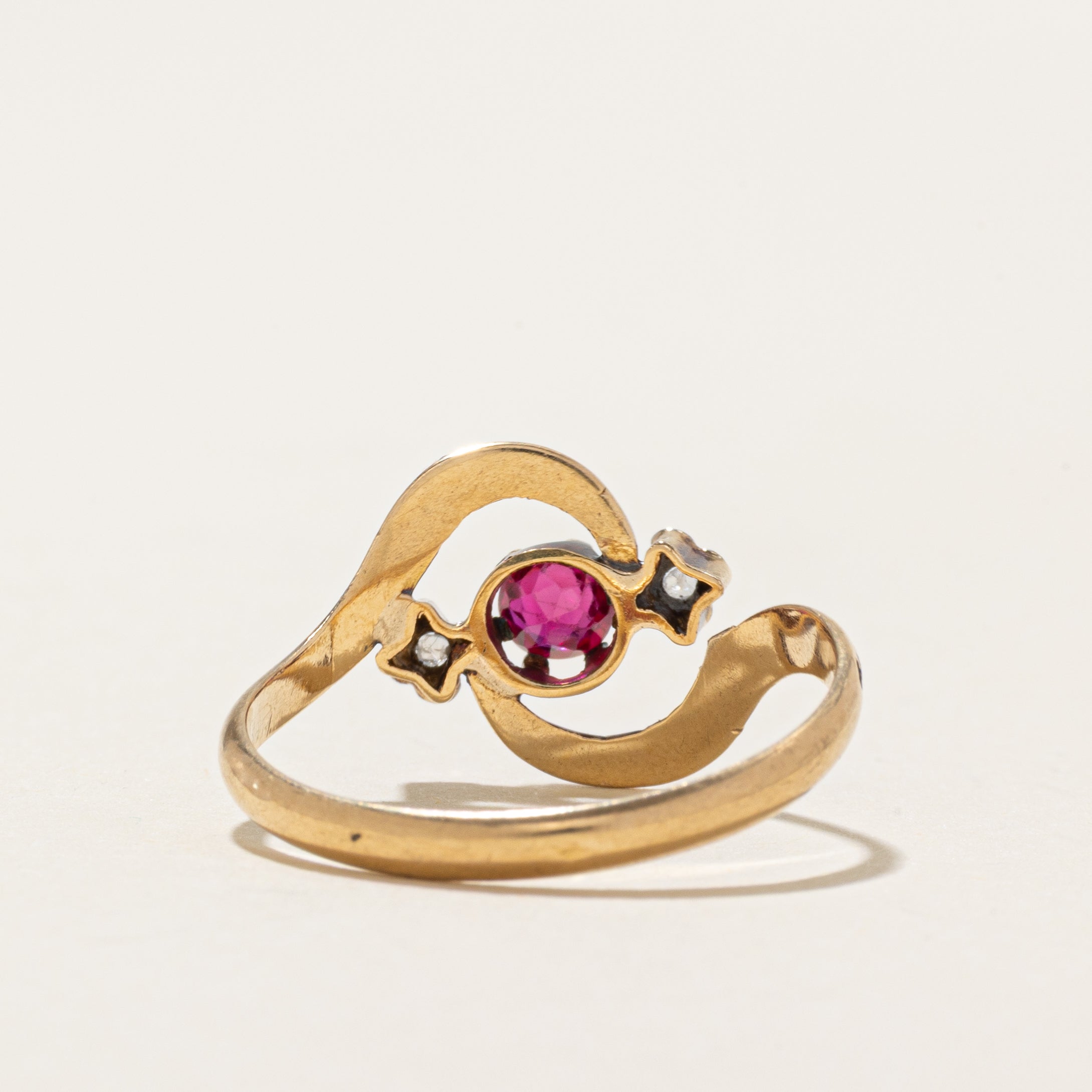 18k Three Stone Synthetic Ruby & Natural Diamond Bypass Ring | SZ 7