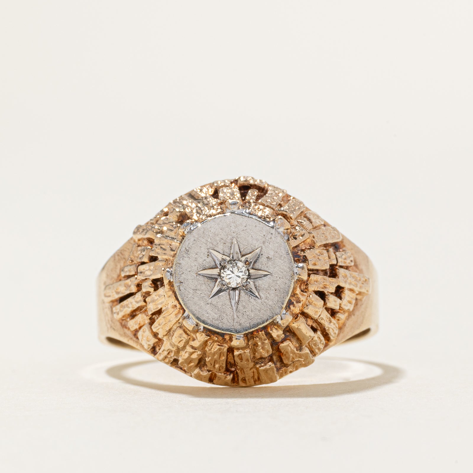 Two Tone Star Set Diamond Textured Dome Ring | SZ 11