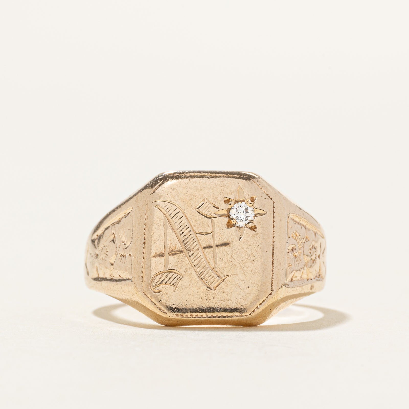 10k Star Set Diamond "N" & Floral Engraved Signet Ring | SZ 7.5