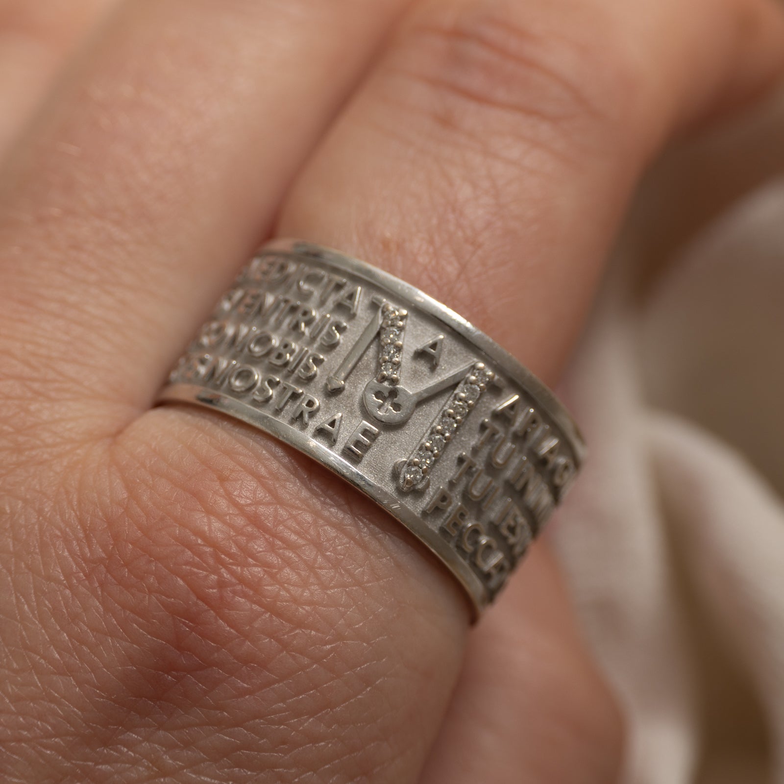 Diamond Accent "Hail Mary" Prayer Embossed Band | 12.5mm | SZ 12.5