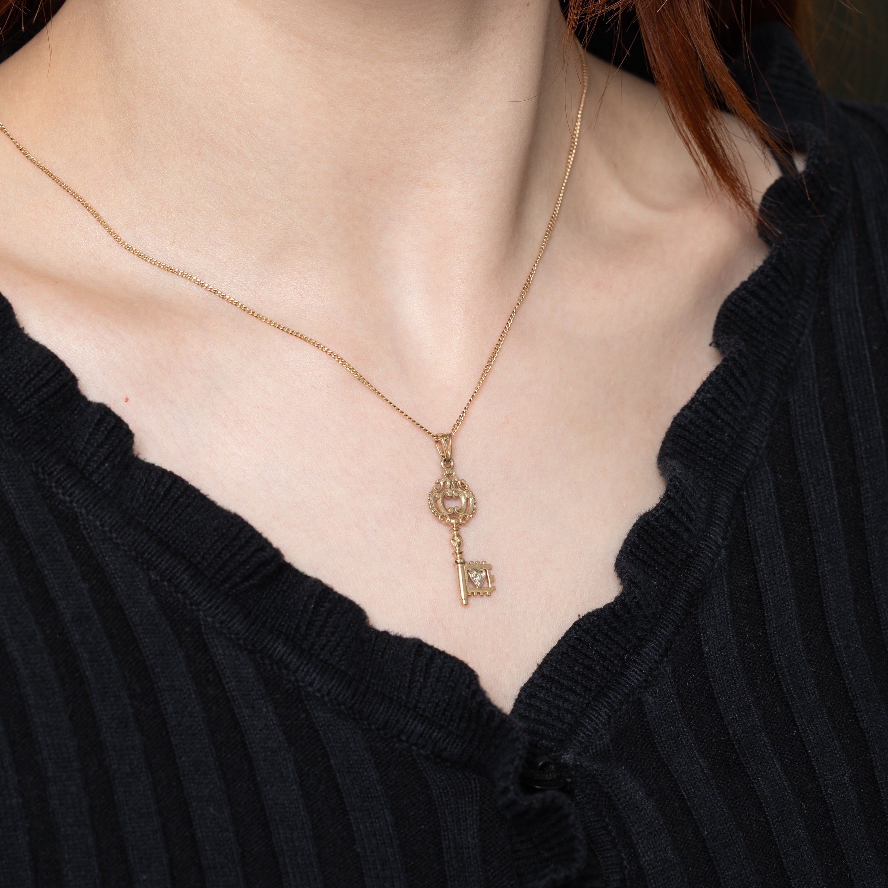 14k Yellow & White Gold Diamond Ornate Key Pendant
