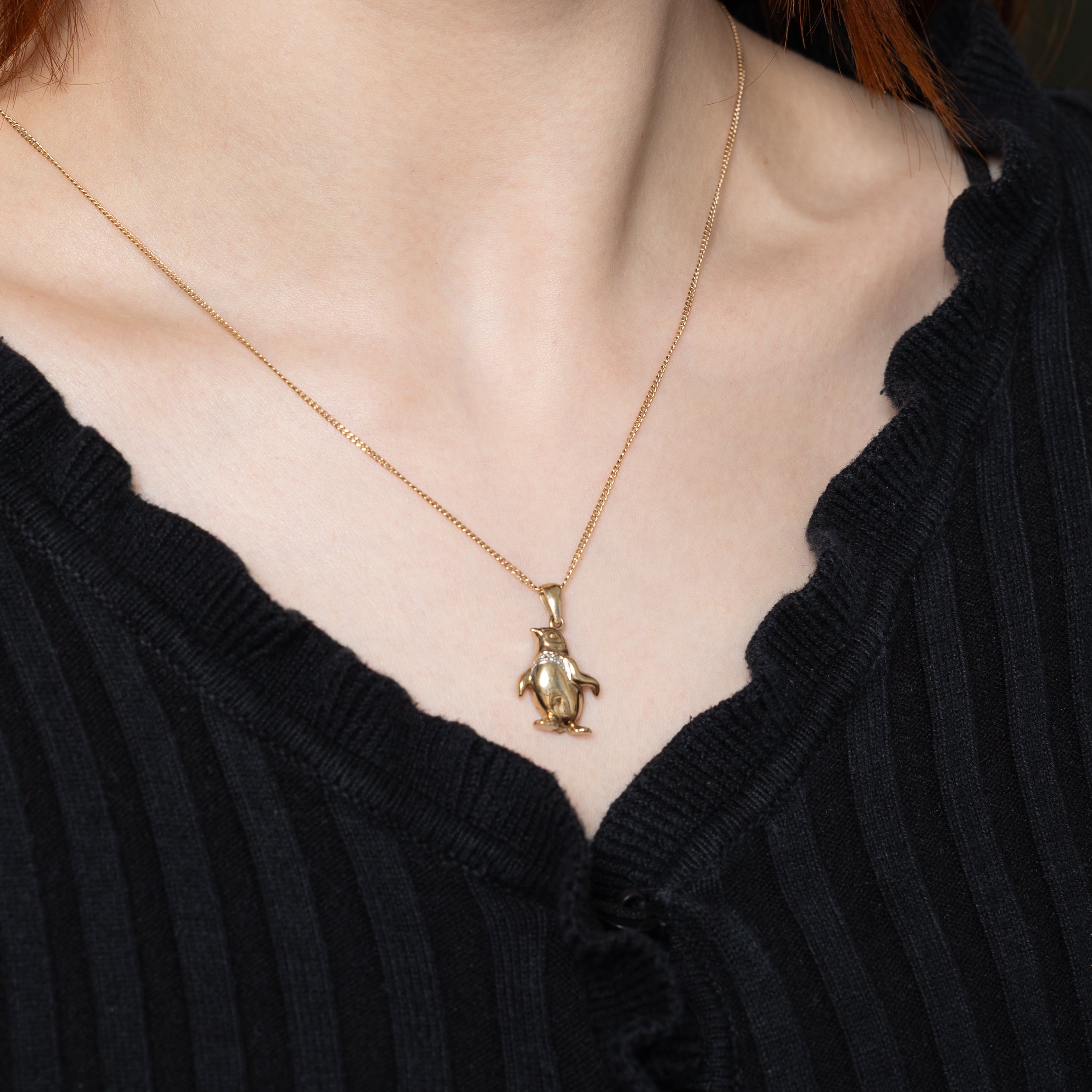 14k Yellow Gold Diamond Penguin Pendant