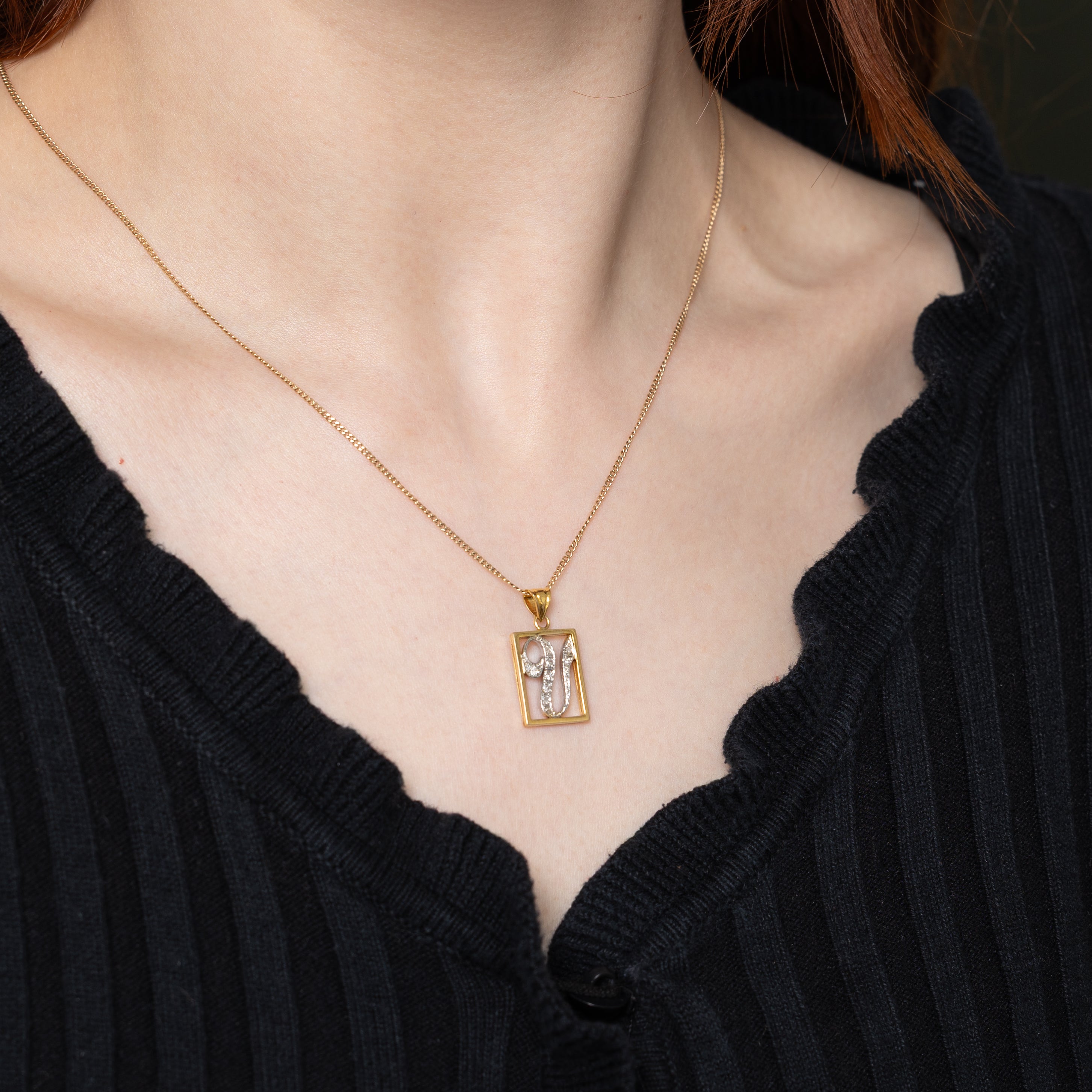 12k Two Tone Gold Diamond Framed "U" Initial Pendant