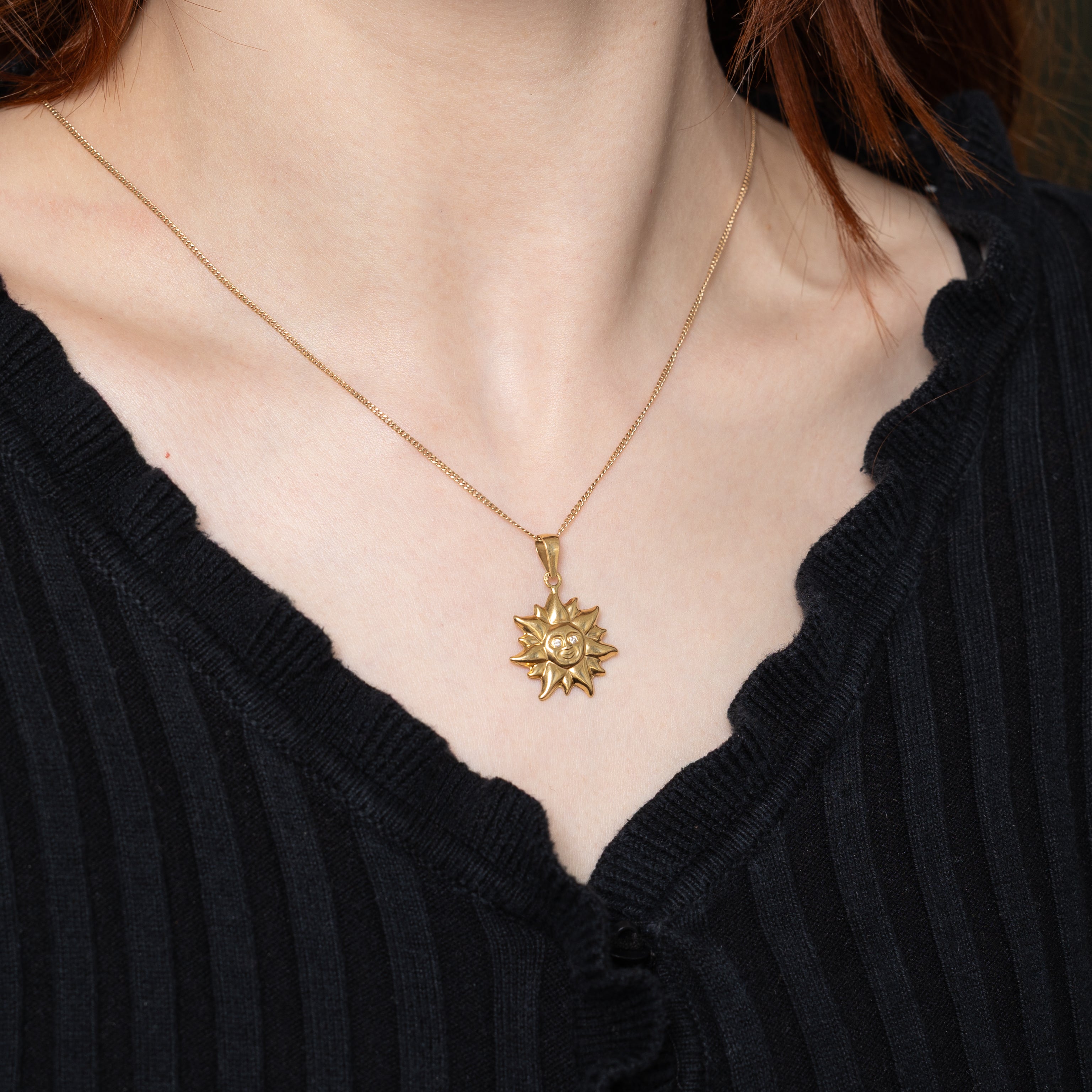 18k Yellow Gold Diamond Sun Face Pendant