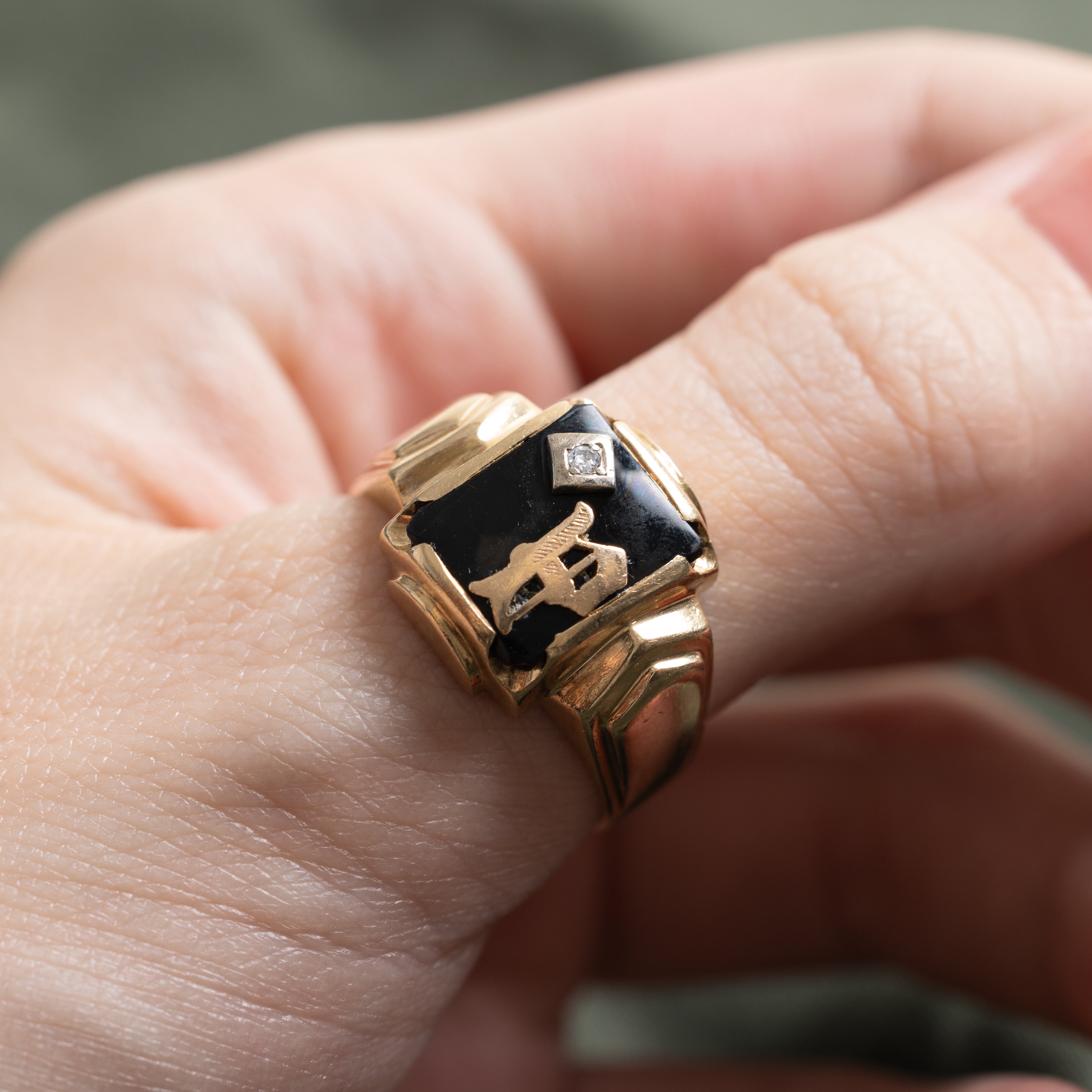 Onyx & Diamond "P" Signet Ring | 1.52ct, 0.02ct | SZ 10.5