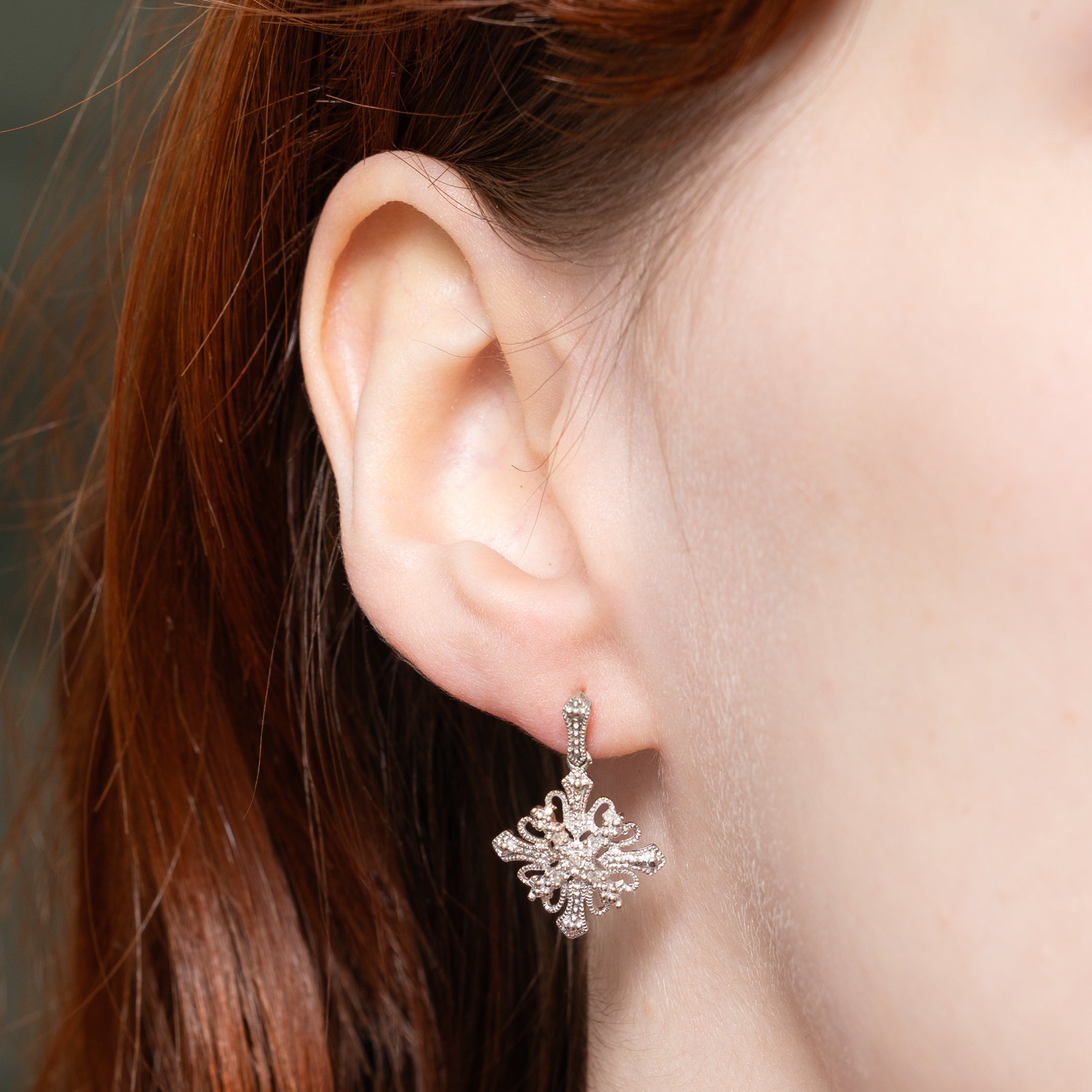 10k Diamond Ornate Snowflake Drop Earrings