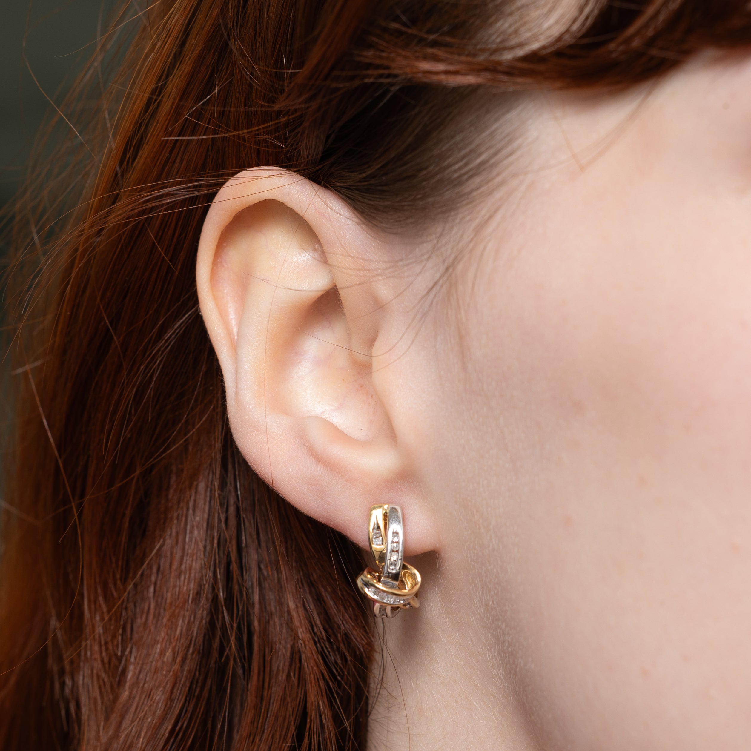 10k Two Tone Gold Diamond Twisted Half Hoop Earrings