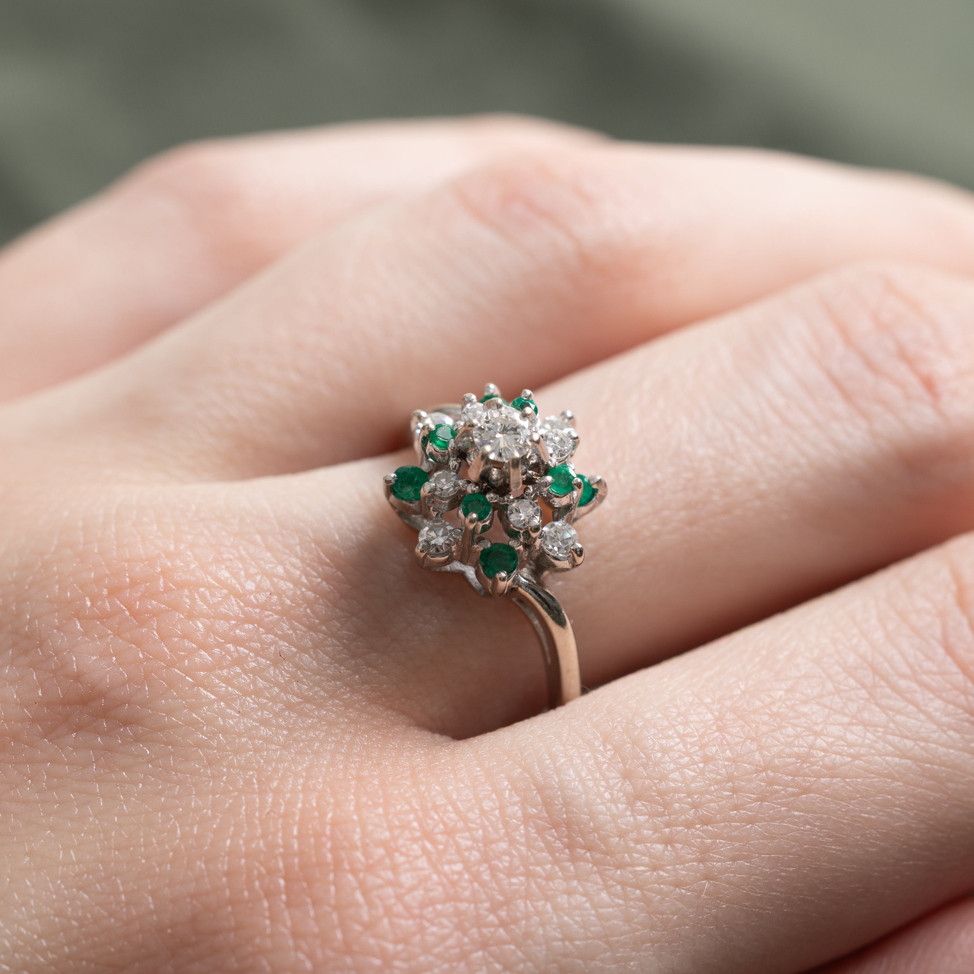 Diamond & Emerald Petal Cluster Ring | 0.28ctw, 0.17ctw | SZ 8.75