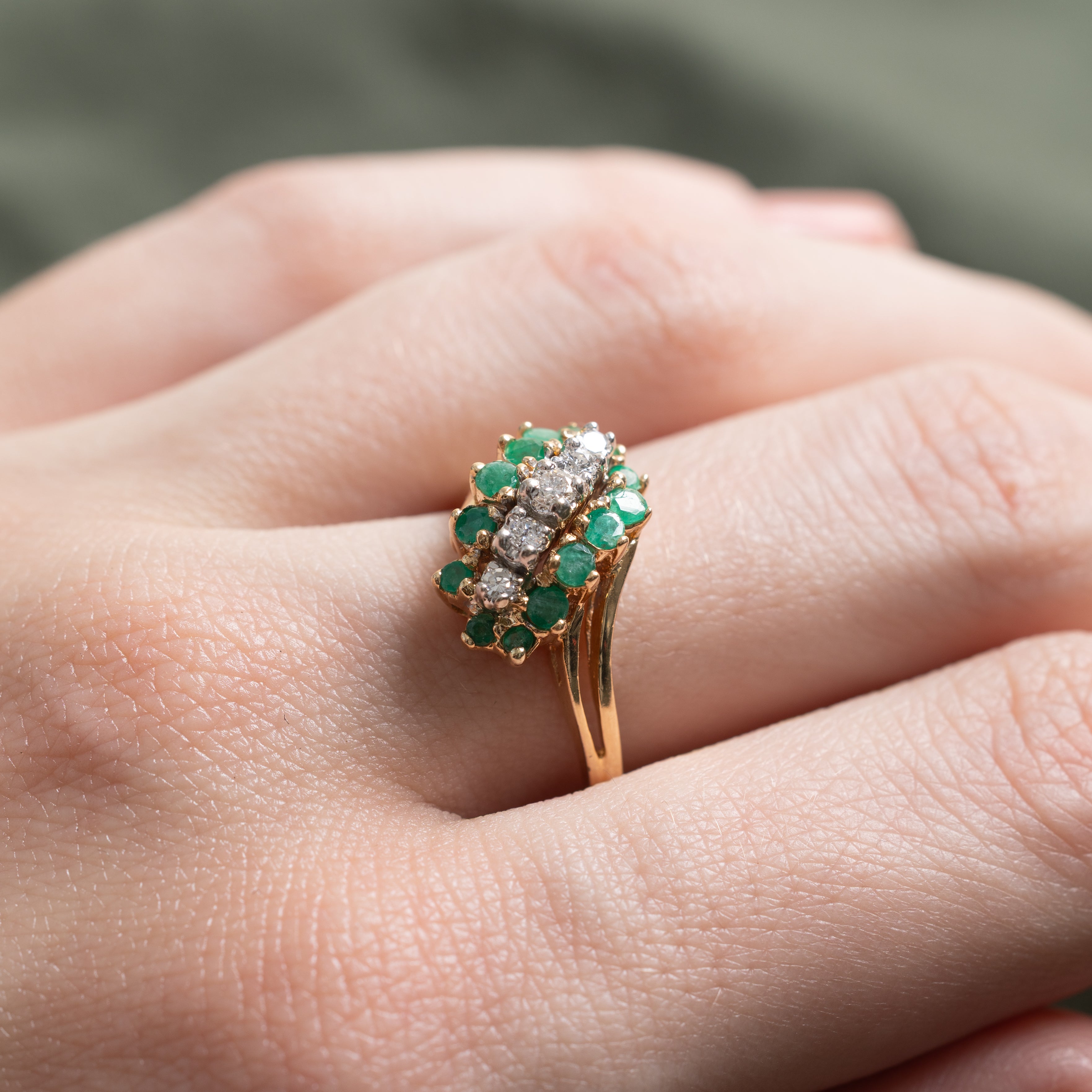 Emerald & Diamond Waterfall Bypass Ring | 0.45ctw, 0.12ctw | SZ 7.5