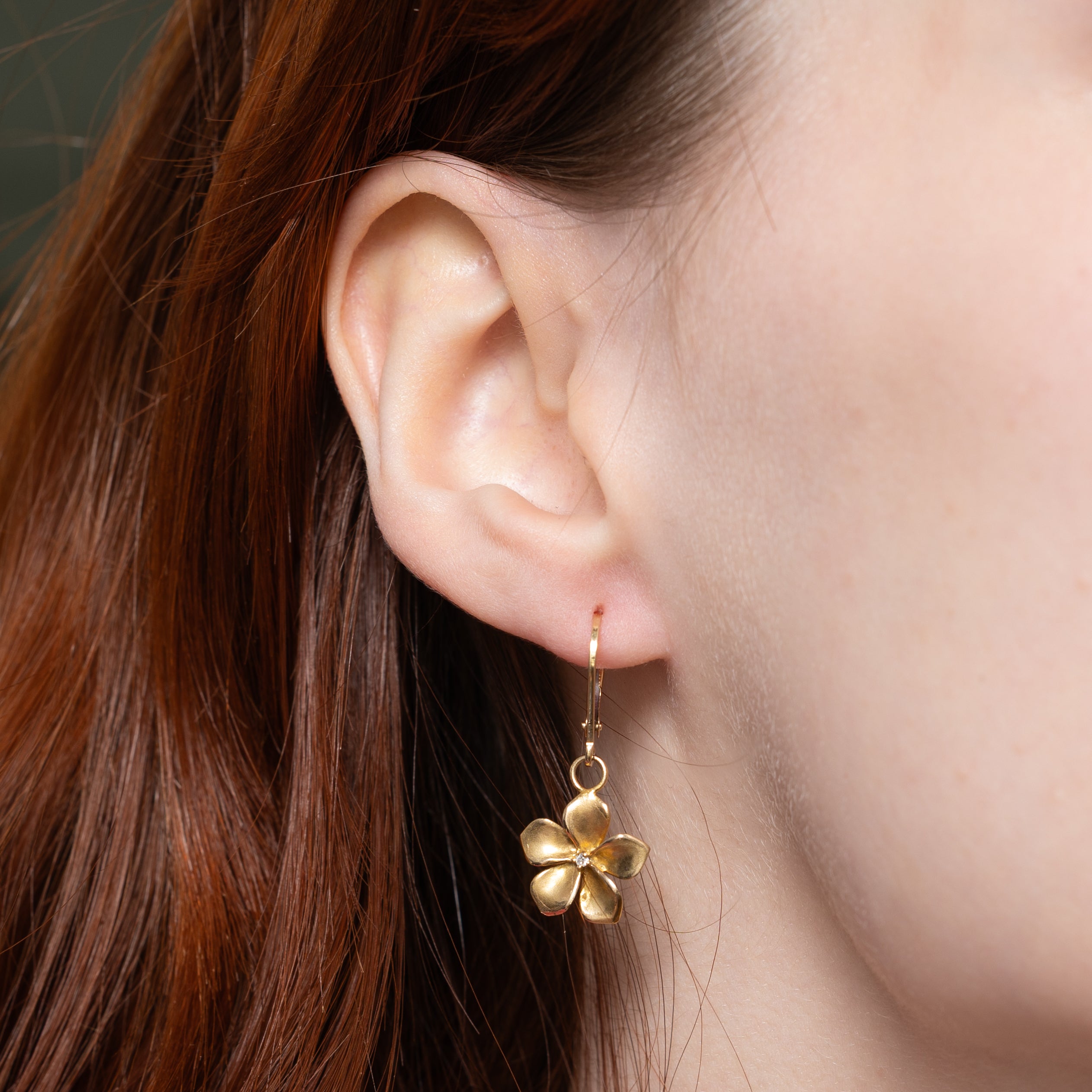 14k Diamond Plumeria Flower Drop Earrings