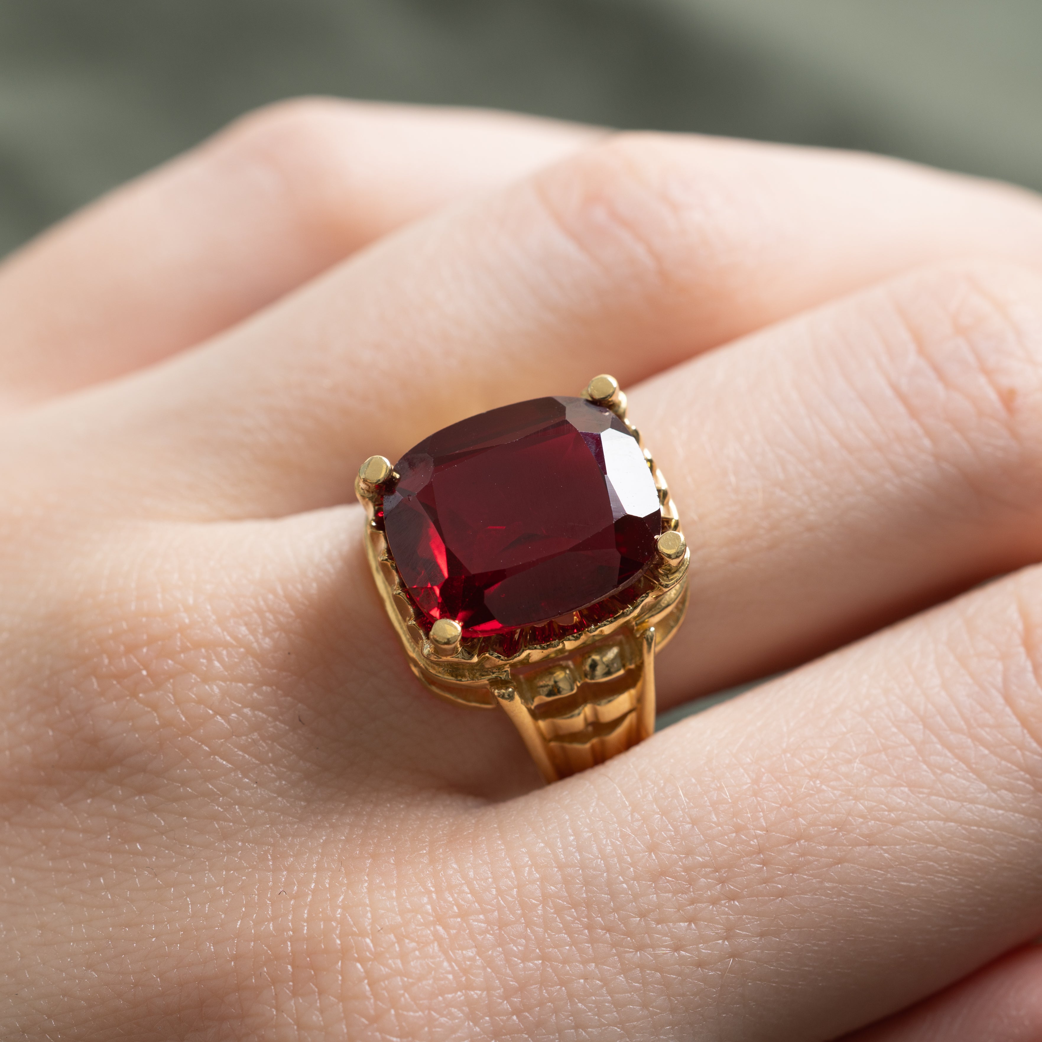 18k Radiant Cut Synthetic Ruby Grooved Cocktail Ring | 10.23ct | SZ 10