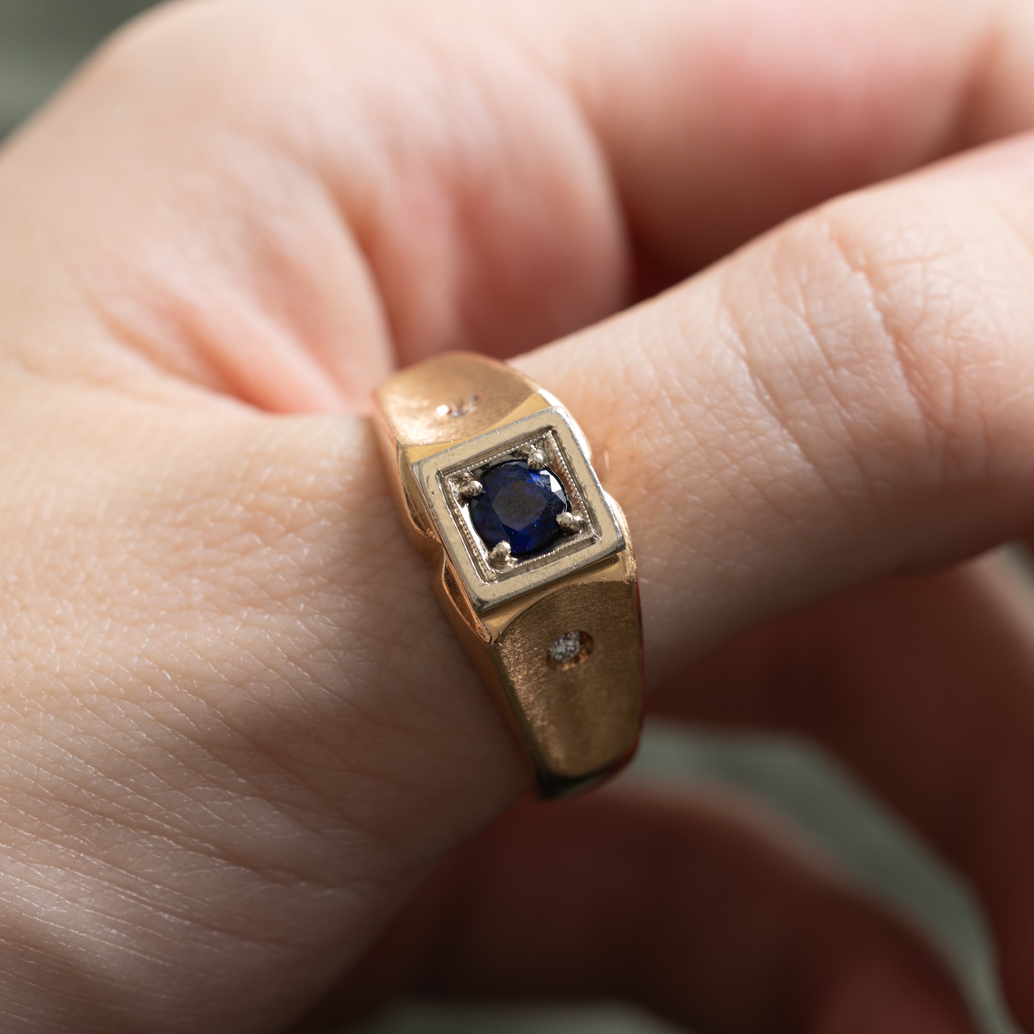 Mid Century Italian 18k Sapphire & Diamond Textured Ring | 0.41ct, 0.04ct | SZ 12.25