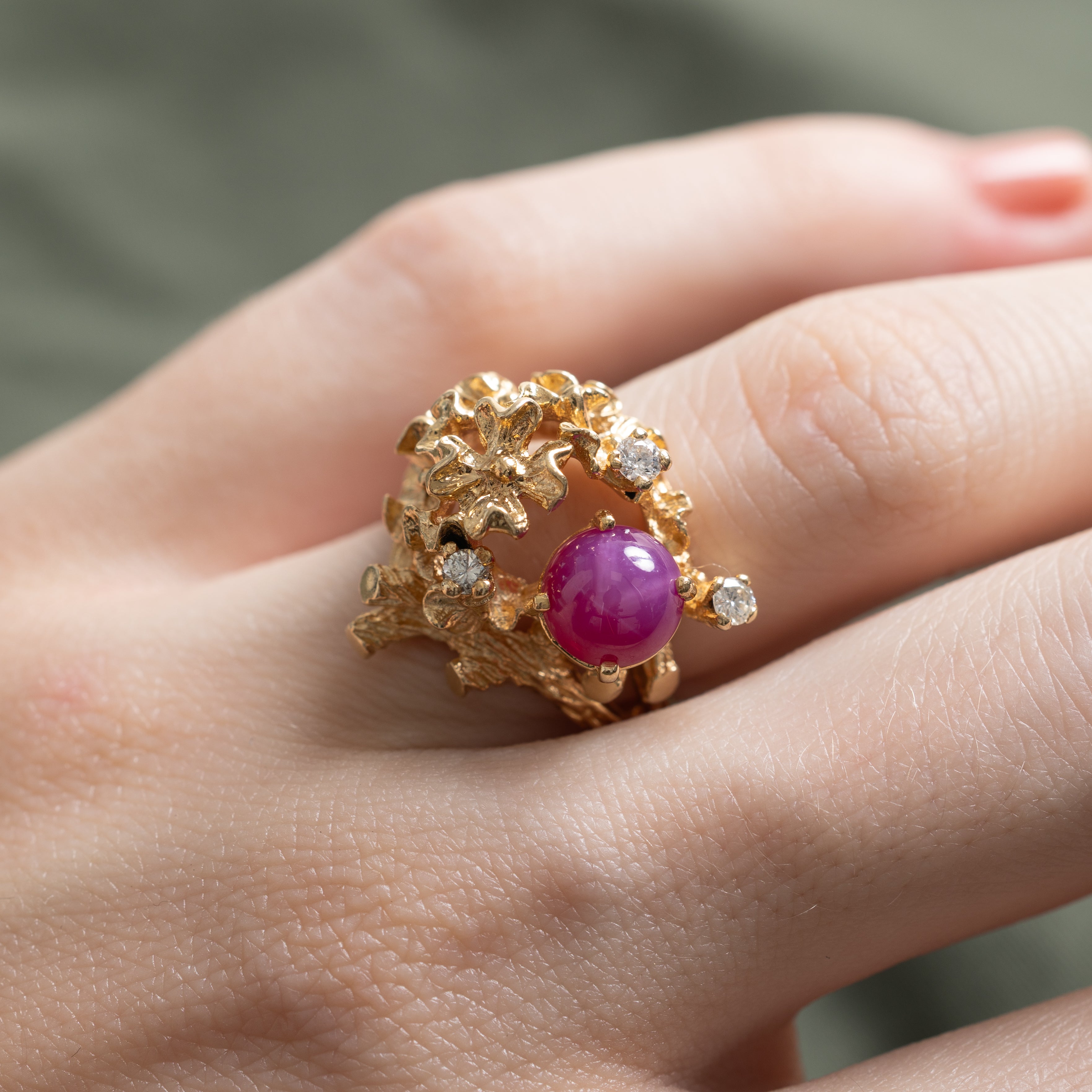 Synthetic Star Ruby & Diamond Floral Cocktail Ring | 2.00ct, 0.13ctw | SZ 5.25