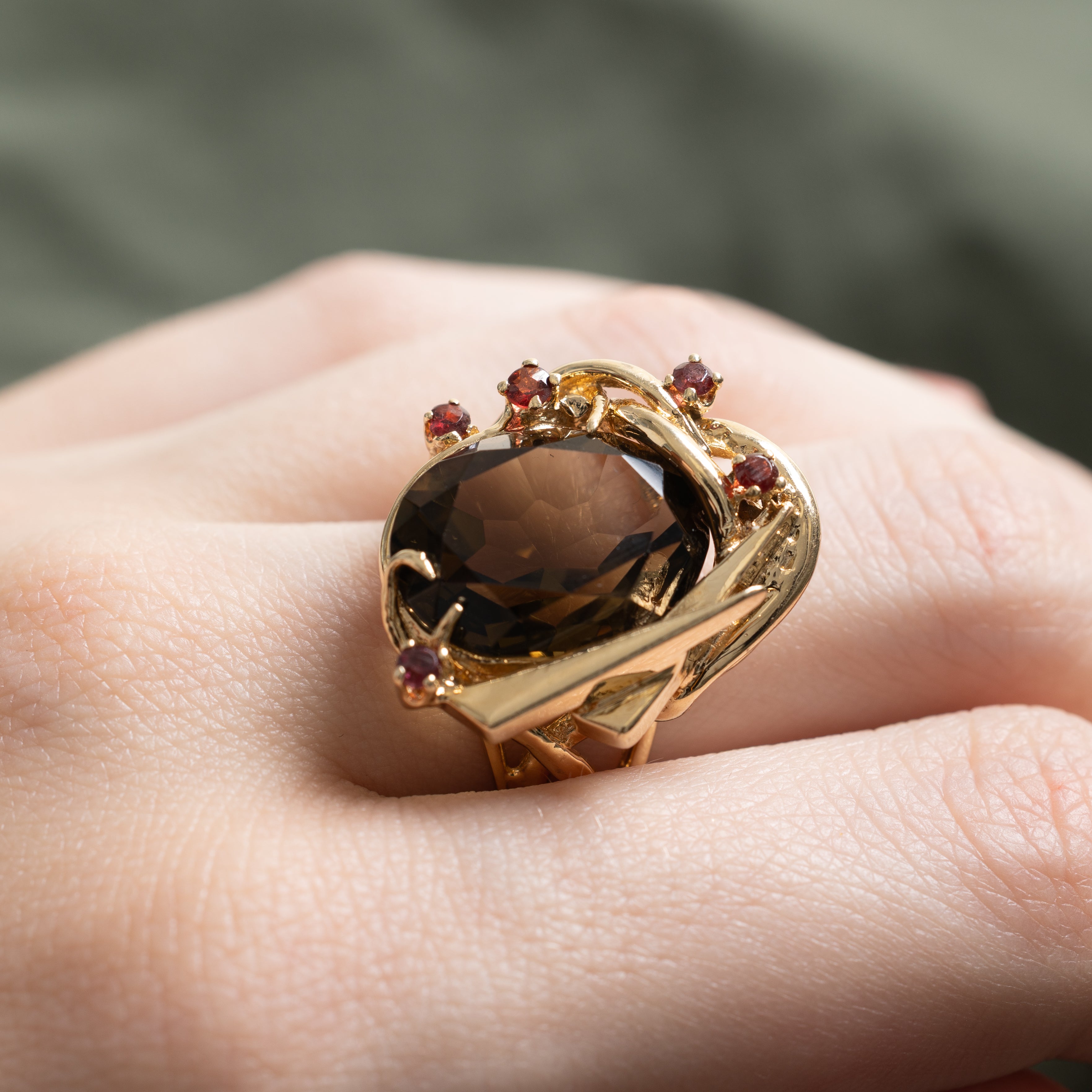 Smoky Quartz & Garnet Abstract Cocktail Ring | 8.61ct, 0.30ctw | SZ 7.