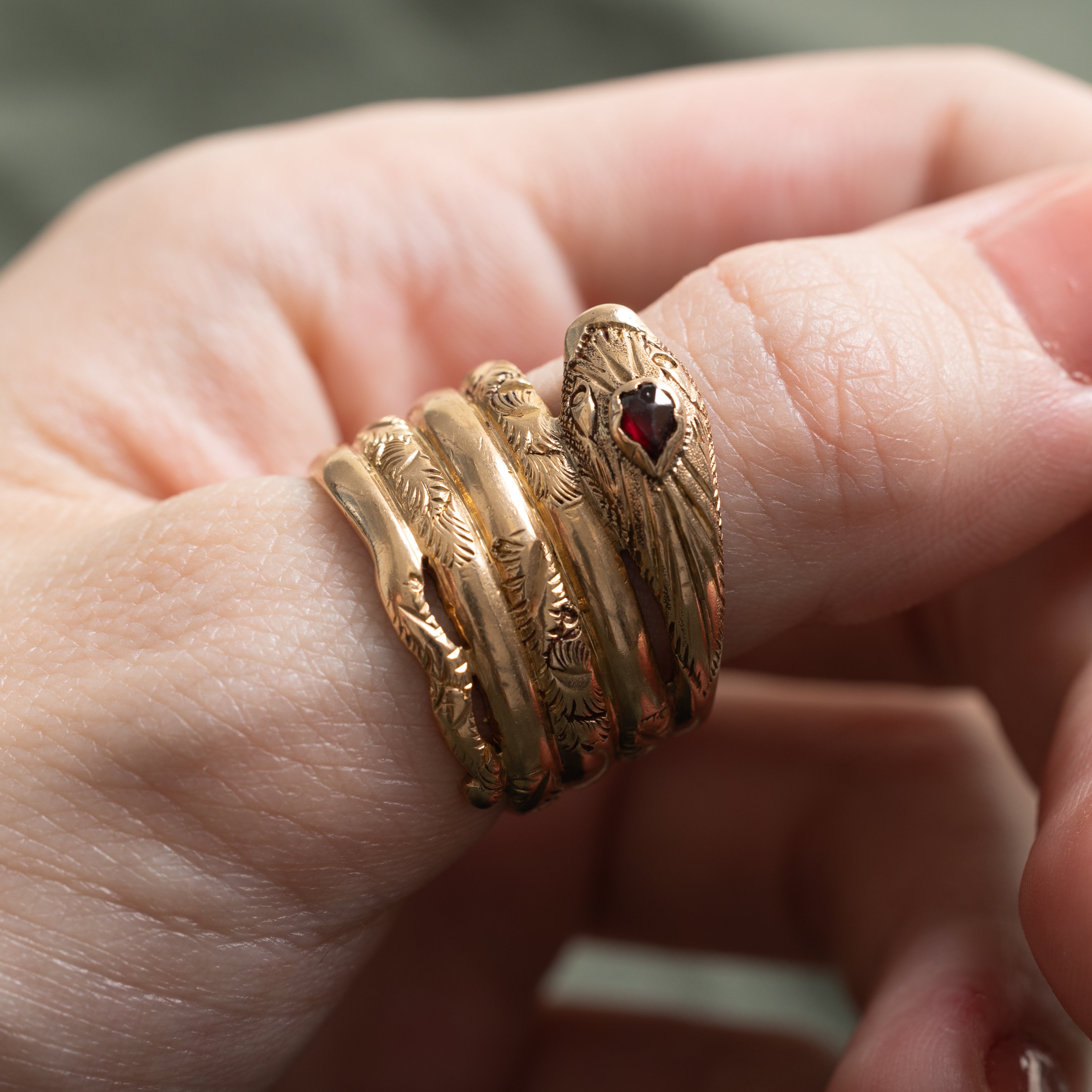 18k Garnet Engraved Snake Wrap Ring | 0.12ct | SZ 9.5