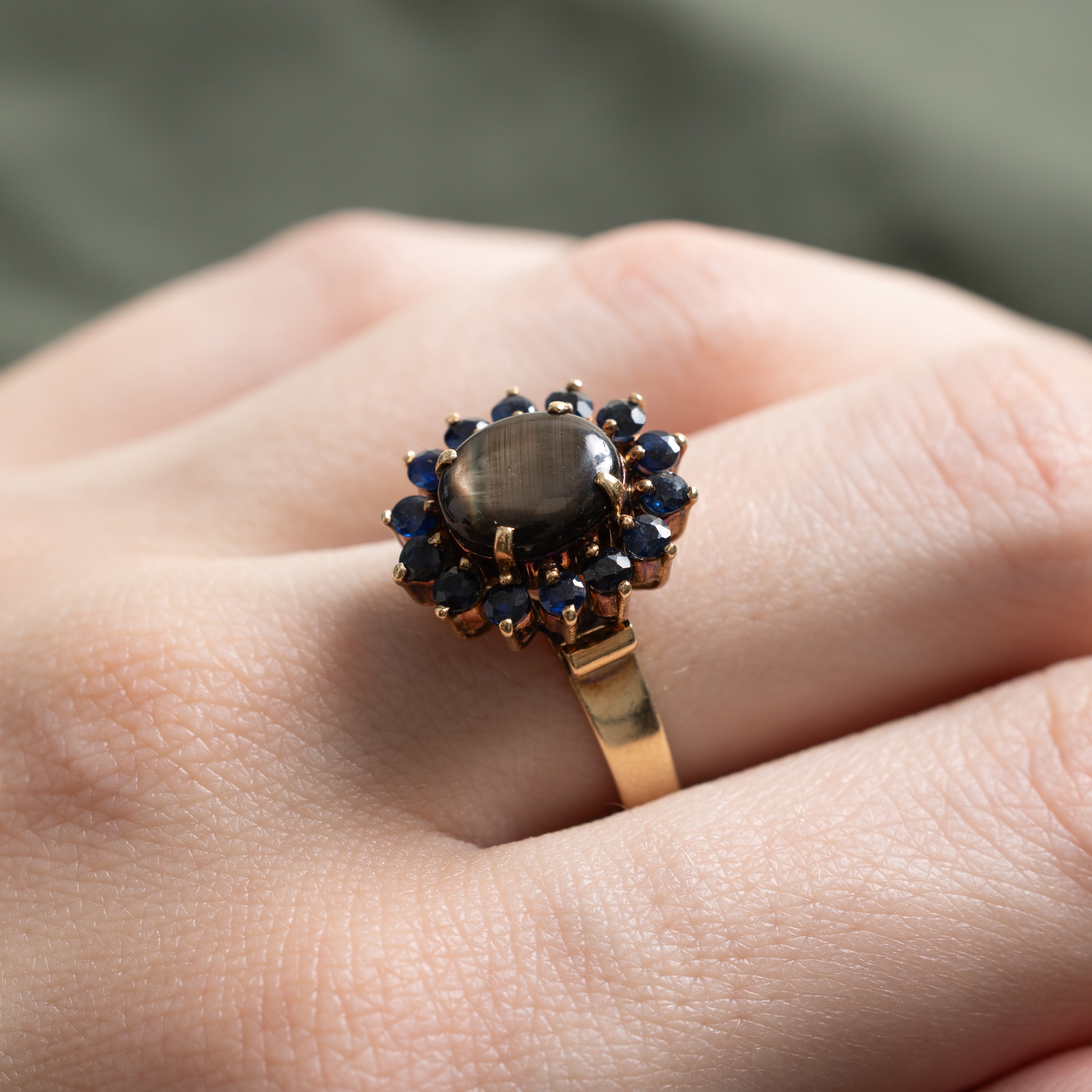 18k Black Star Sapphire & Sapphire Petal Halo Cocktail Ring | 1.88ct, 0.74ctw | SZ 7