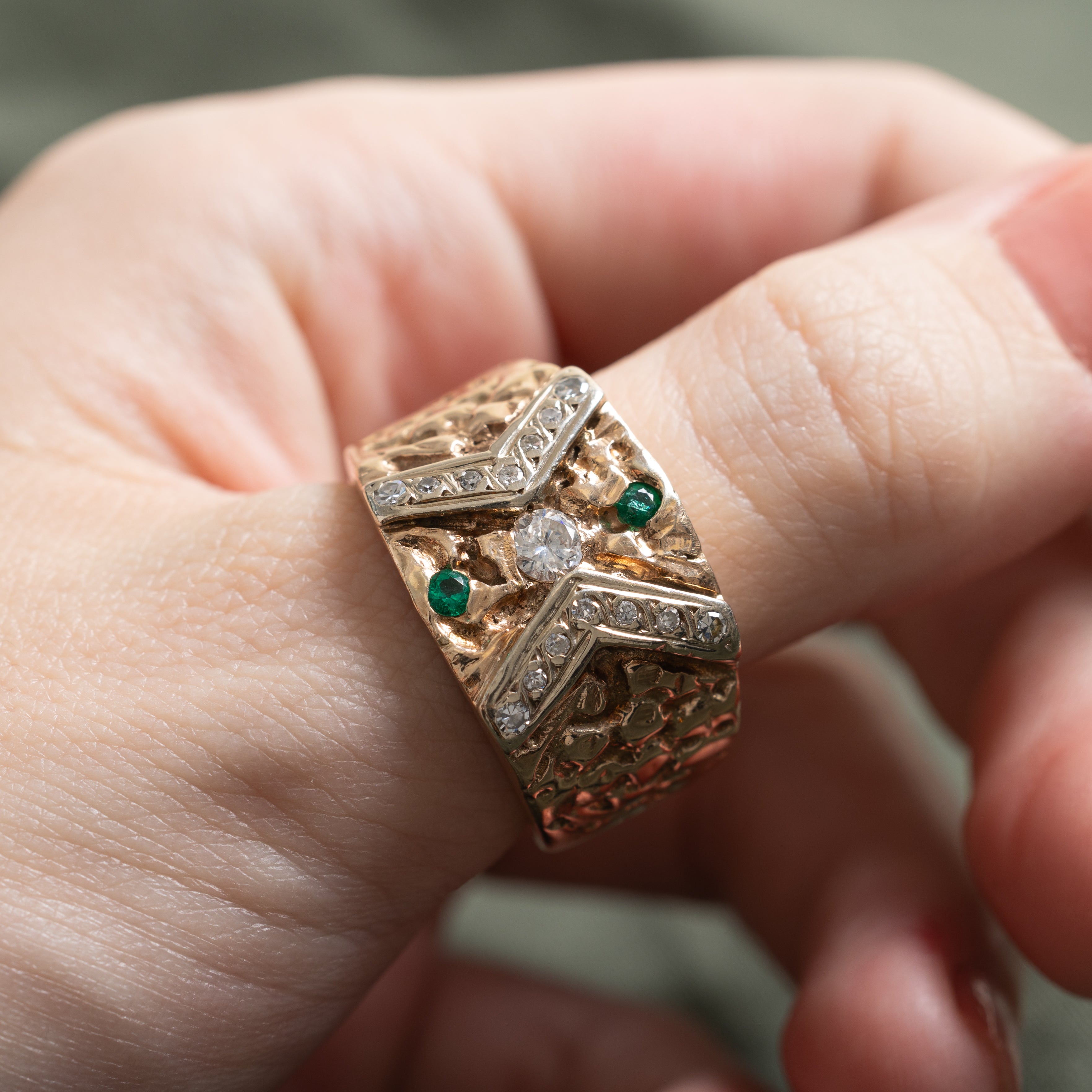 Synthetic Emerald & Natural Diamond Nuggety Cocktail Ring | 0.08ctw, 0.33ctw | SZ 10.25