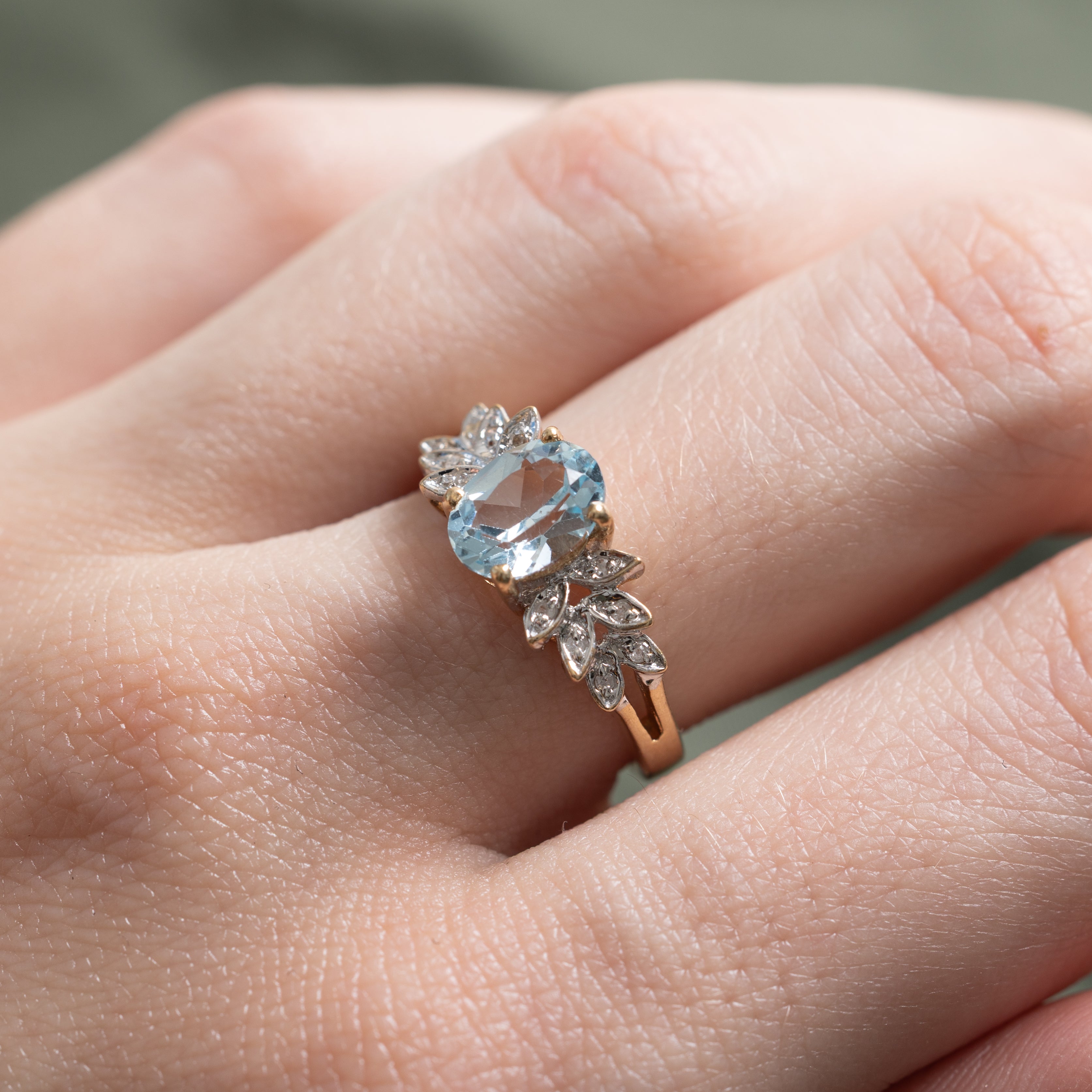 Blue Topaz & Diamond Leaf Accented Ring | 1.35ct, 0.02ctw | SZ 6