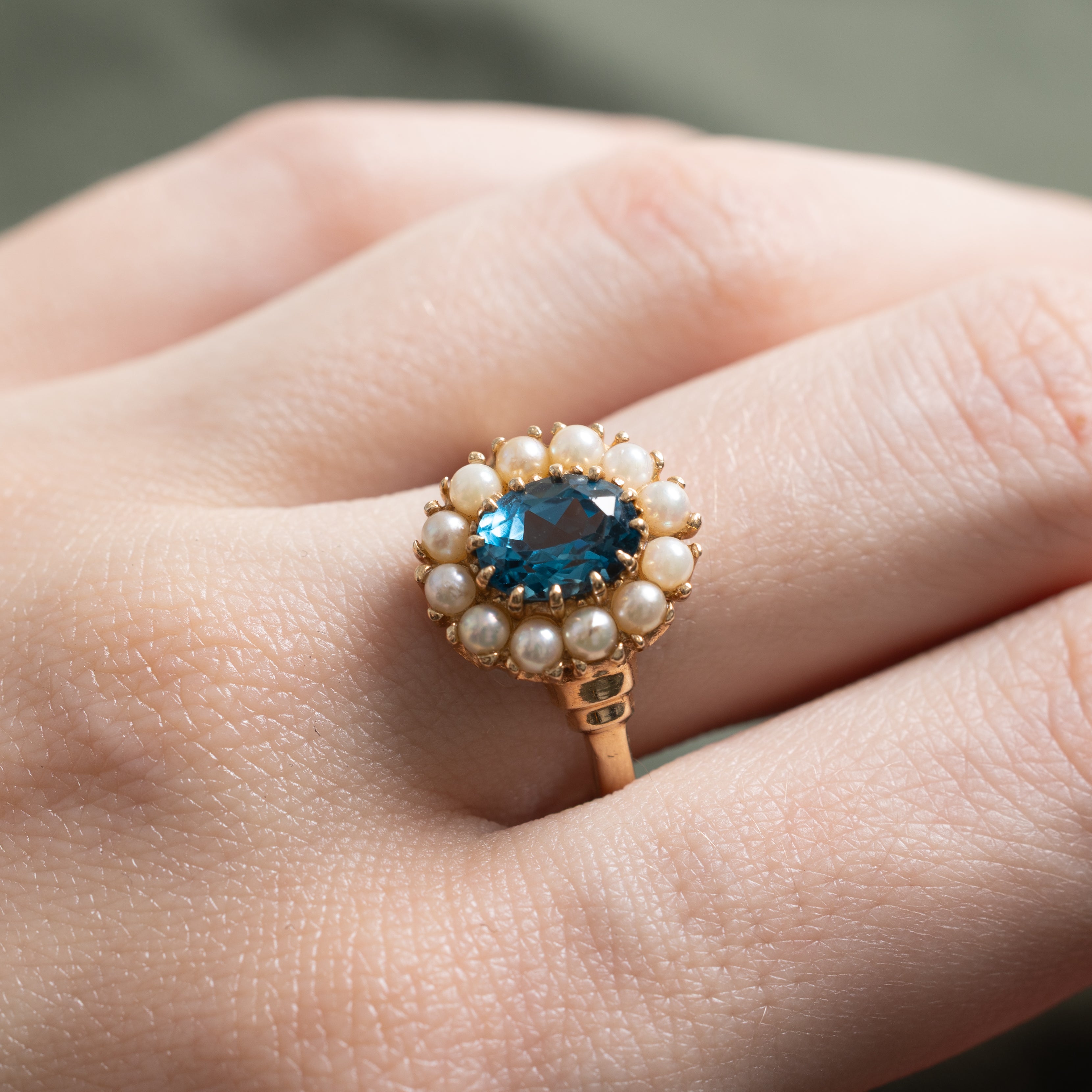 Blue Topaz & Cultured Pearl Halo Ring | 1.31ct | SZ 7.75