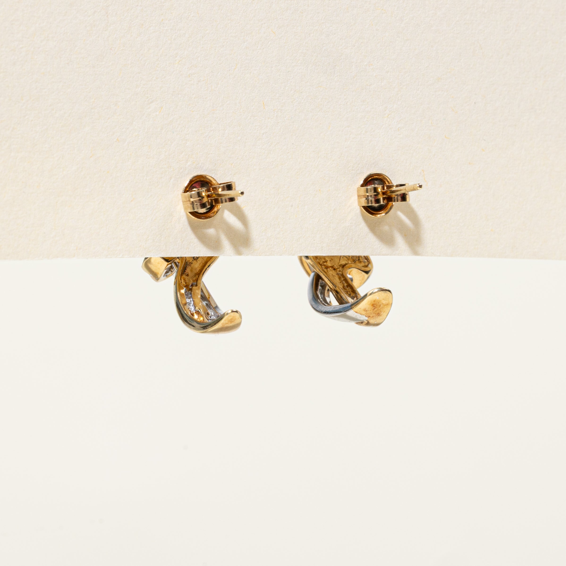 10k Two Tone Gold Diamond Twisted Half Hoop Earrings