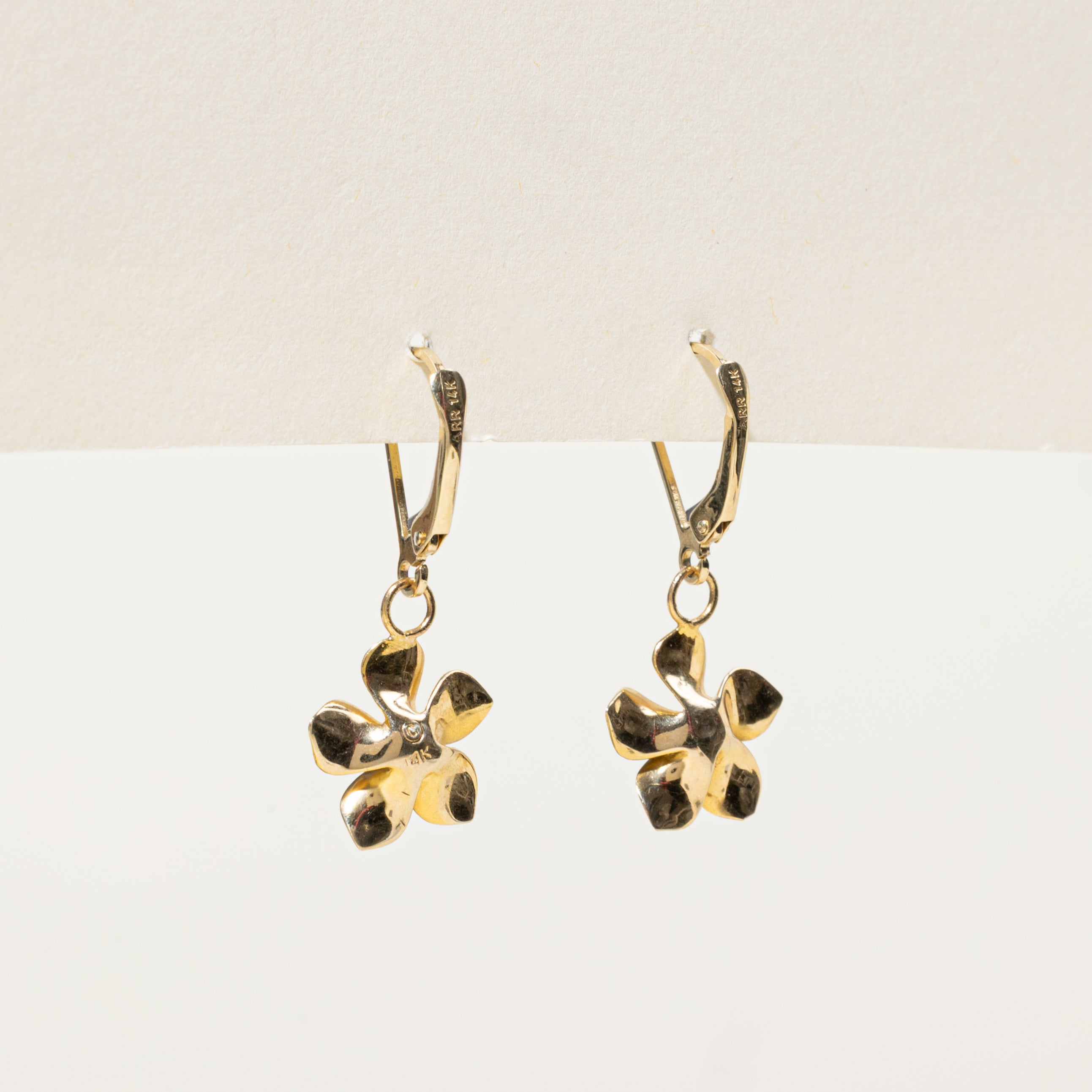 14k Diamond Plumeria Flower Drop Earrings