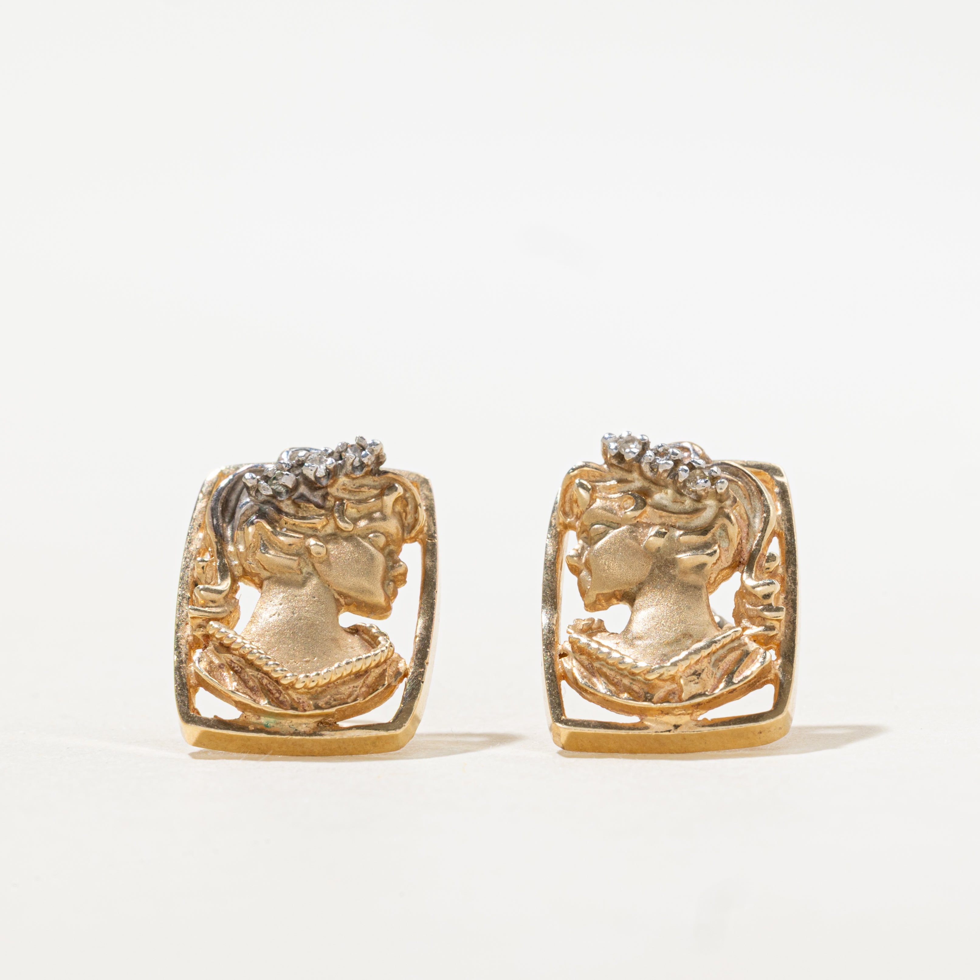 14k Diamond Gold Cameo Stud Earrings