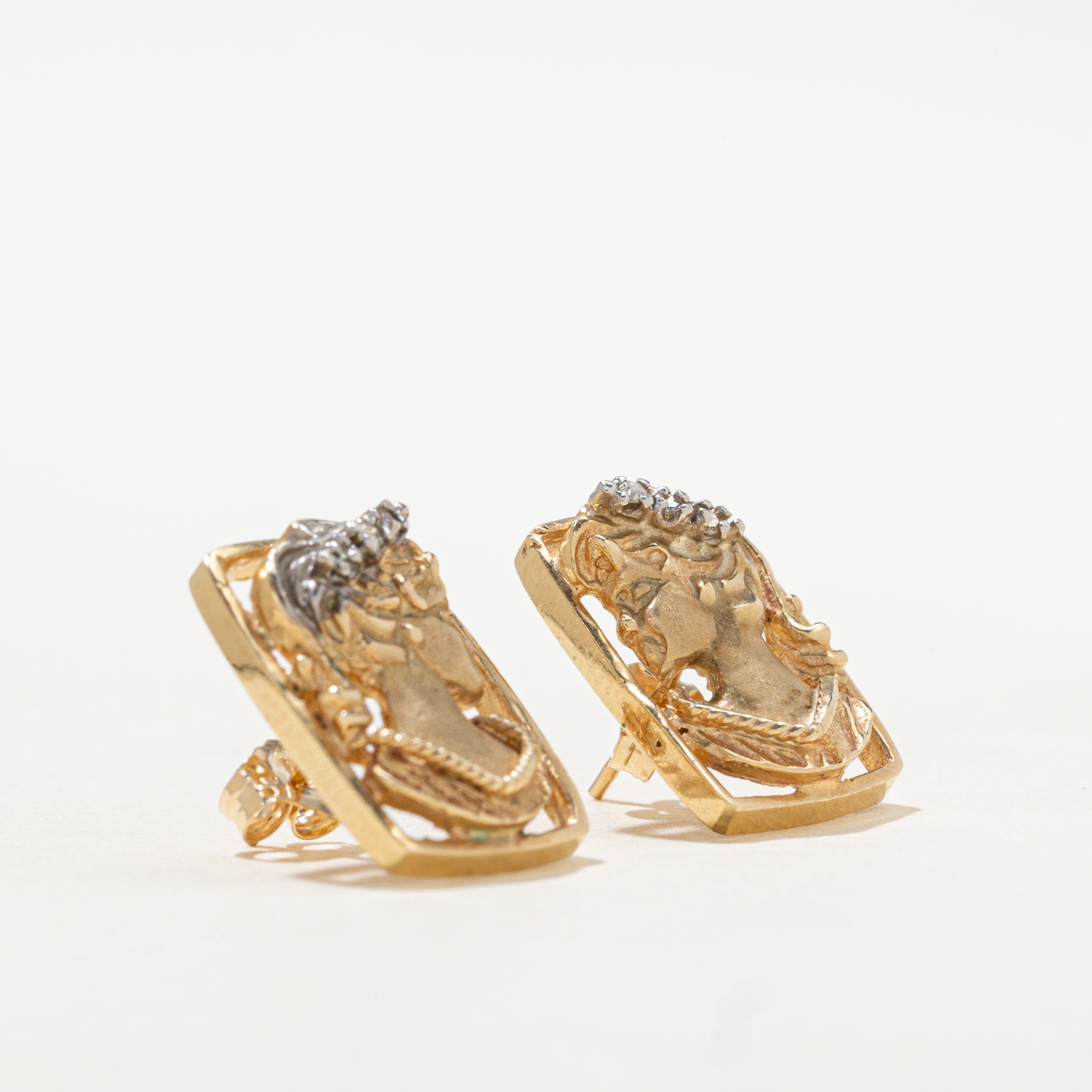 14k Diamond Gold Cameo Stud Earrings