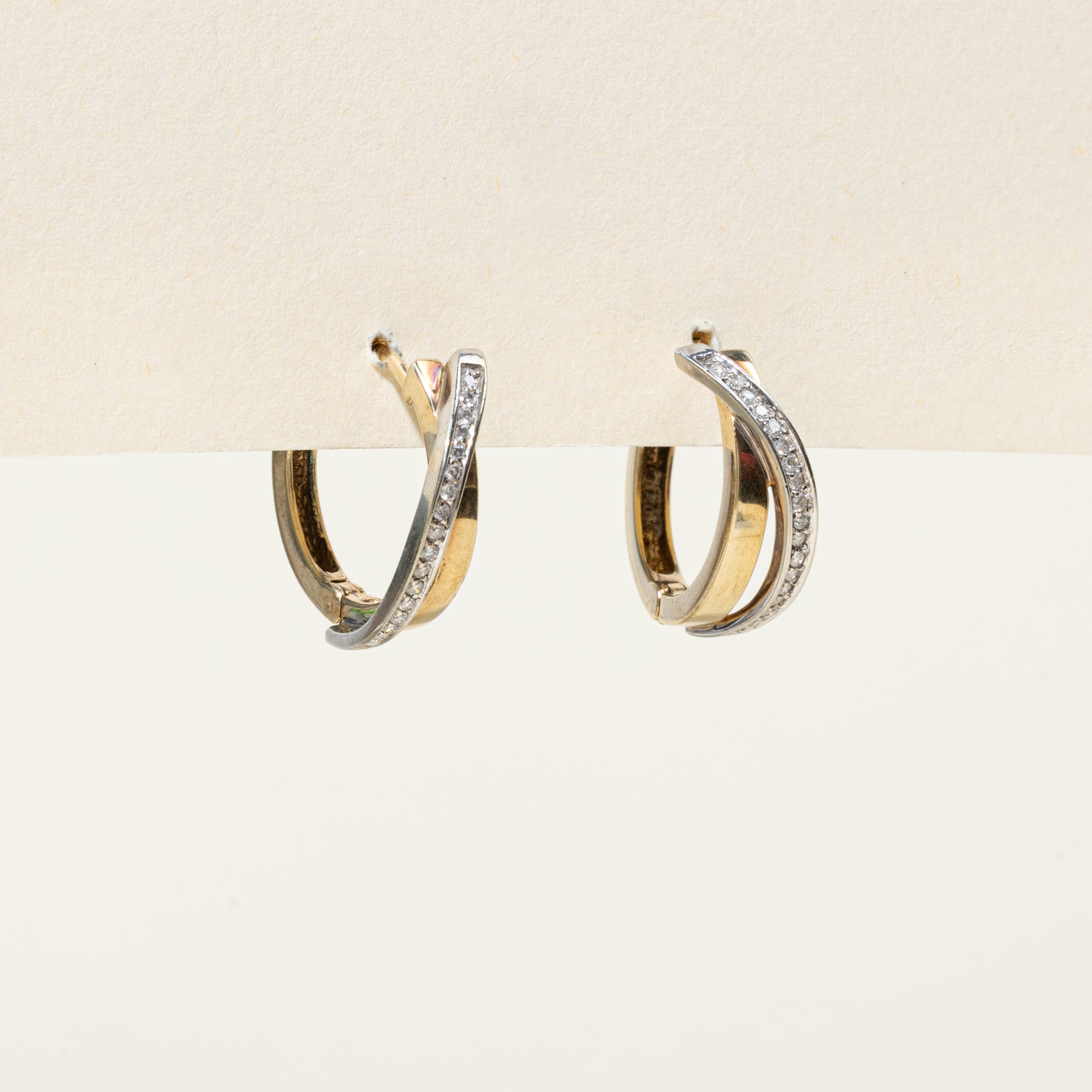 10k Two Tone Gold Diamond Cross Over Hoop Earrings