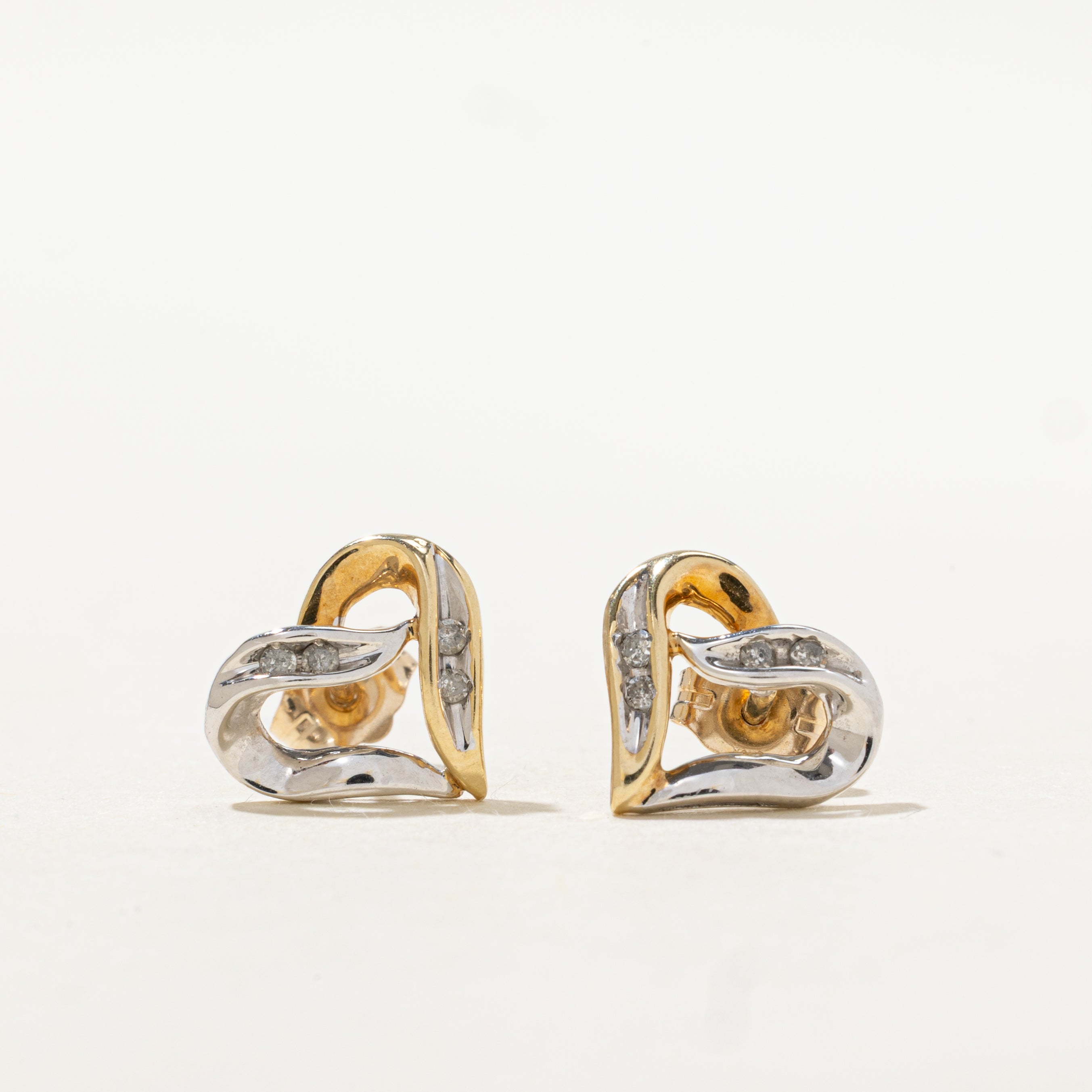10k Two Tone Gold Diamond Open Heart Stud Earrings