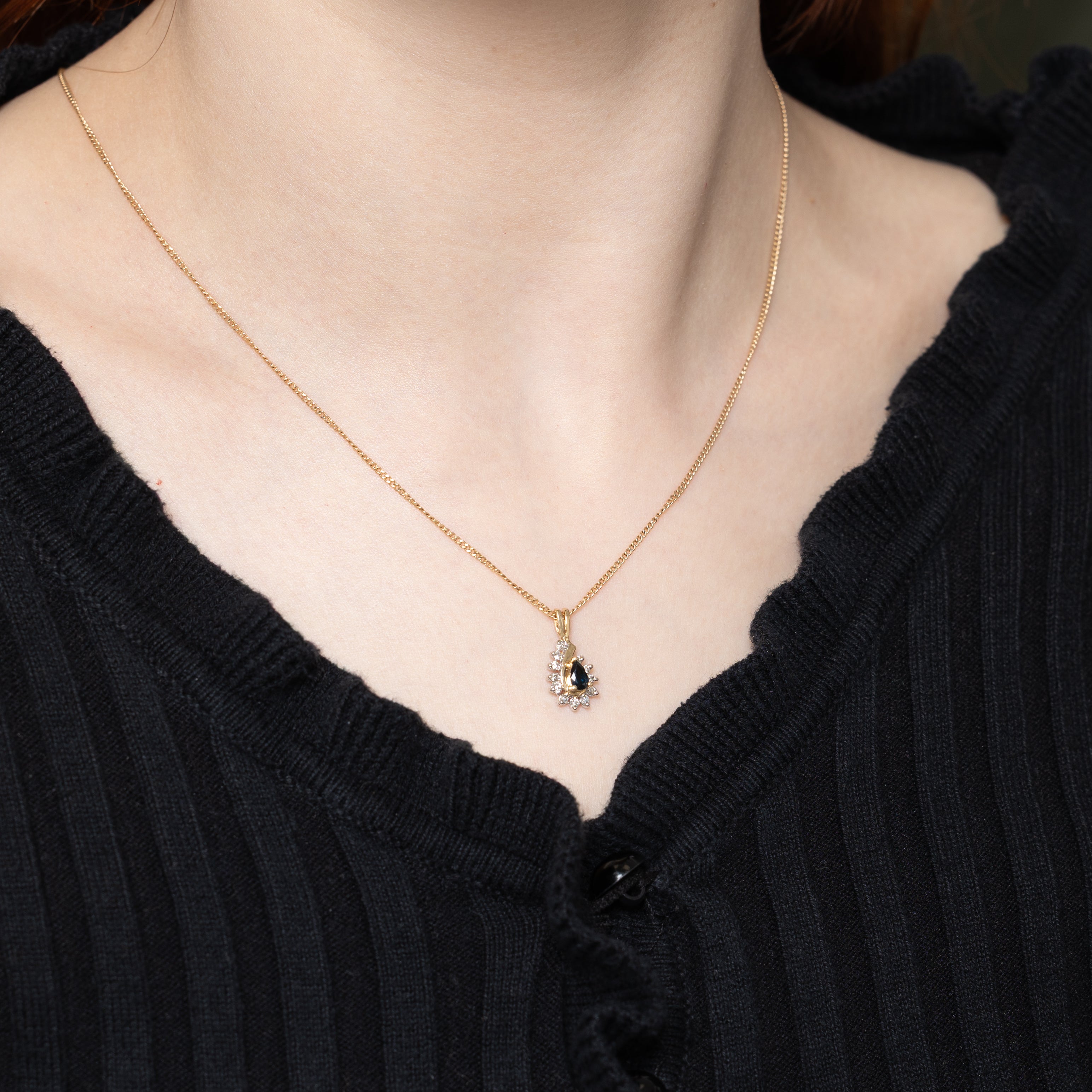 10k Pear Cut Sapphire & Diamond Halo Pendant