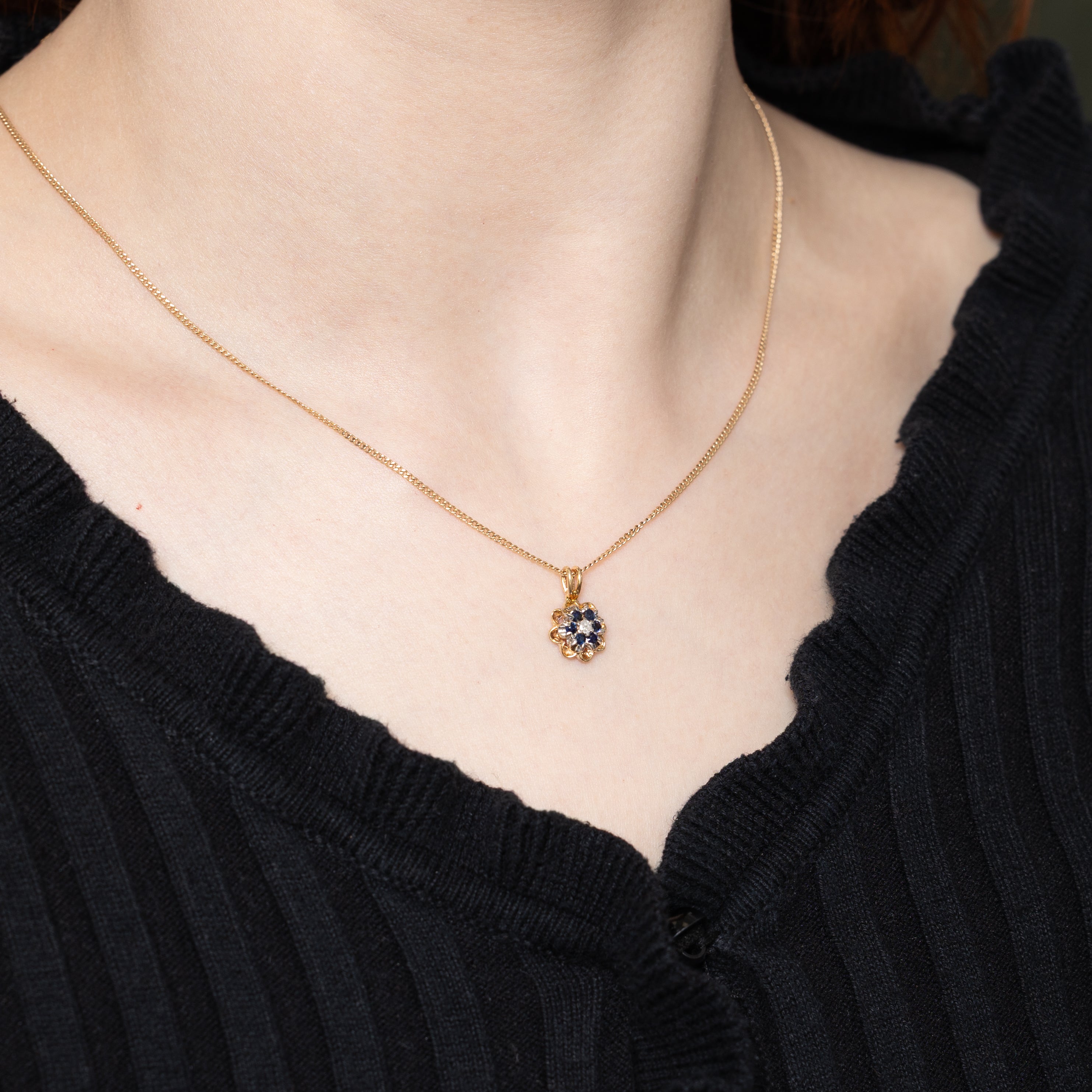 10k Sapphire & Diamond Scalloped Pendant