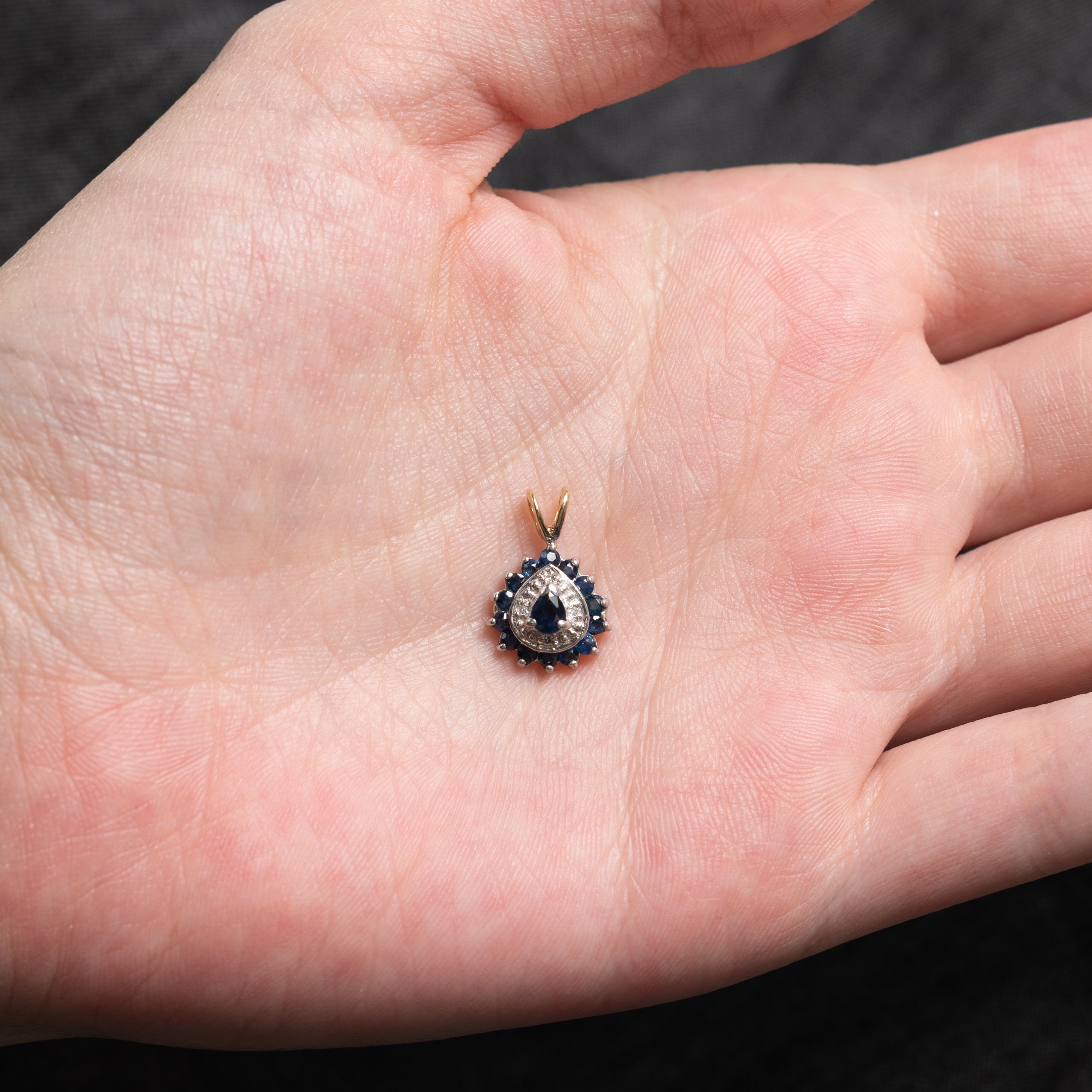 10k Sapphire & Diamond Halo Pear Shaped Pendant