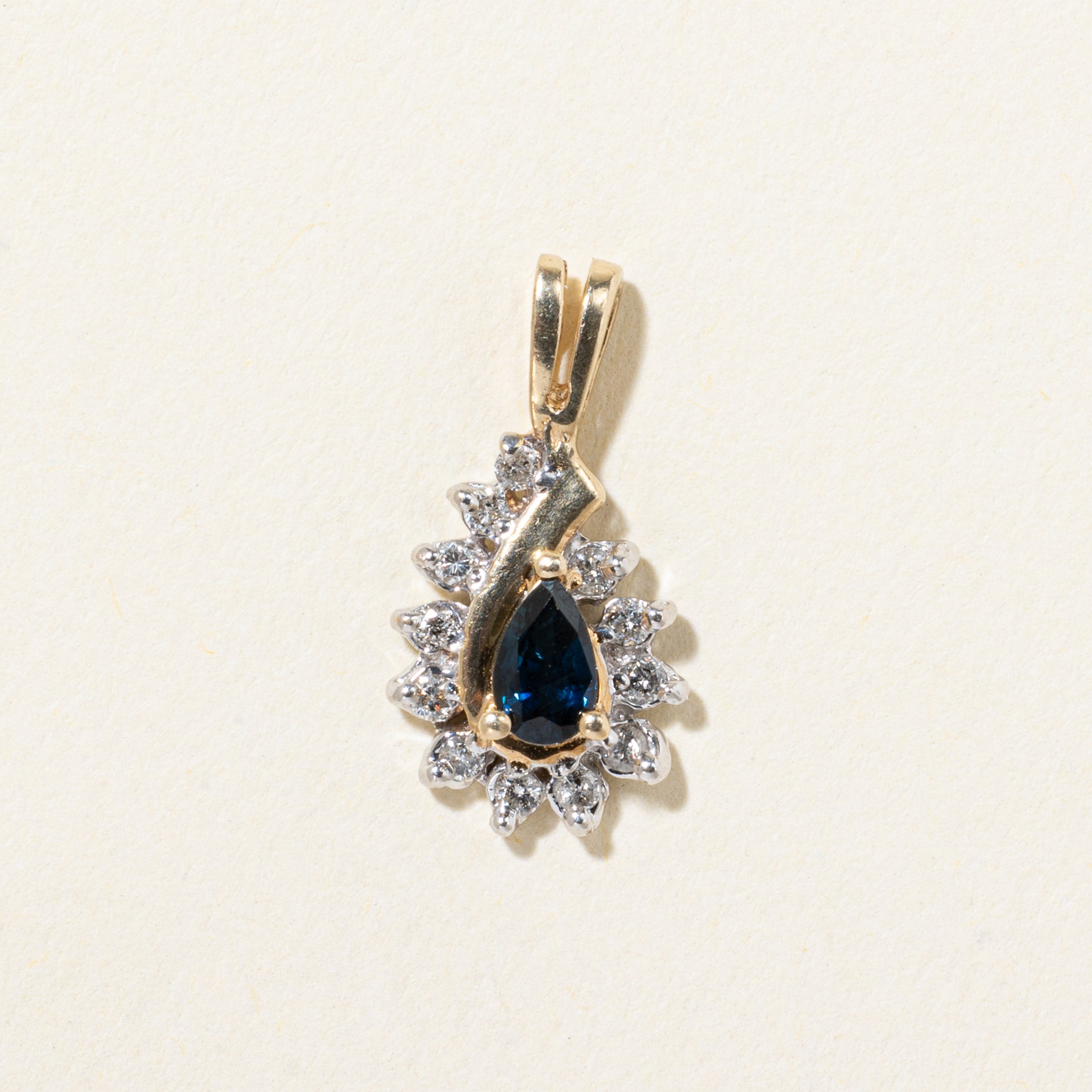 10k Pear Cut Sapphire & Diamond Halo Pendant