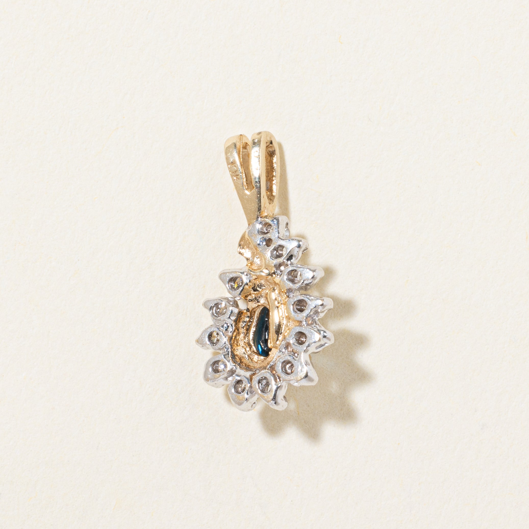 10k Pear Cut Sapphire & Diamond Halo Pendant
