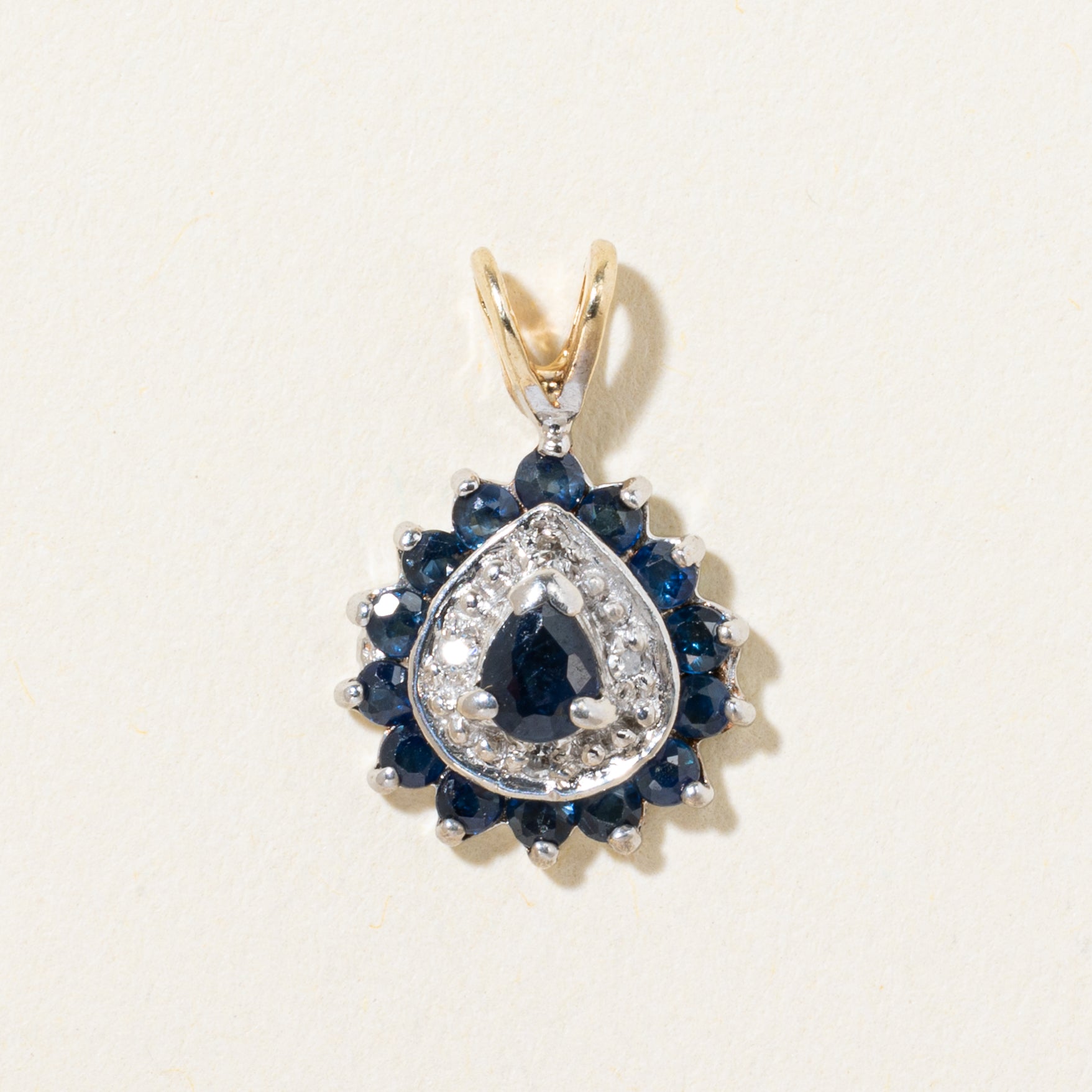 10k Sapphire & Diamond Halo Pear Shaped Pendant