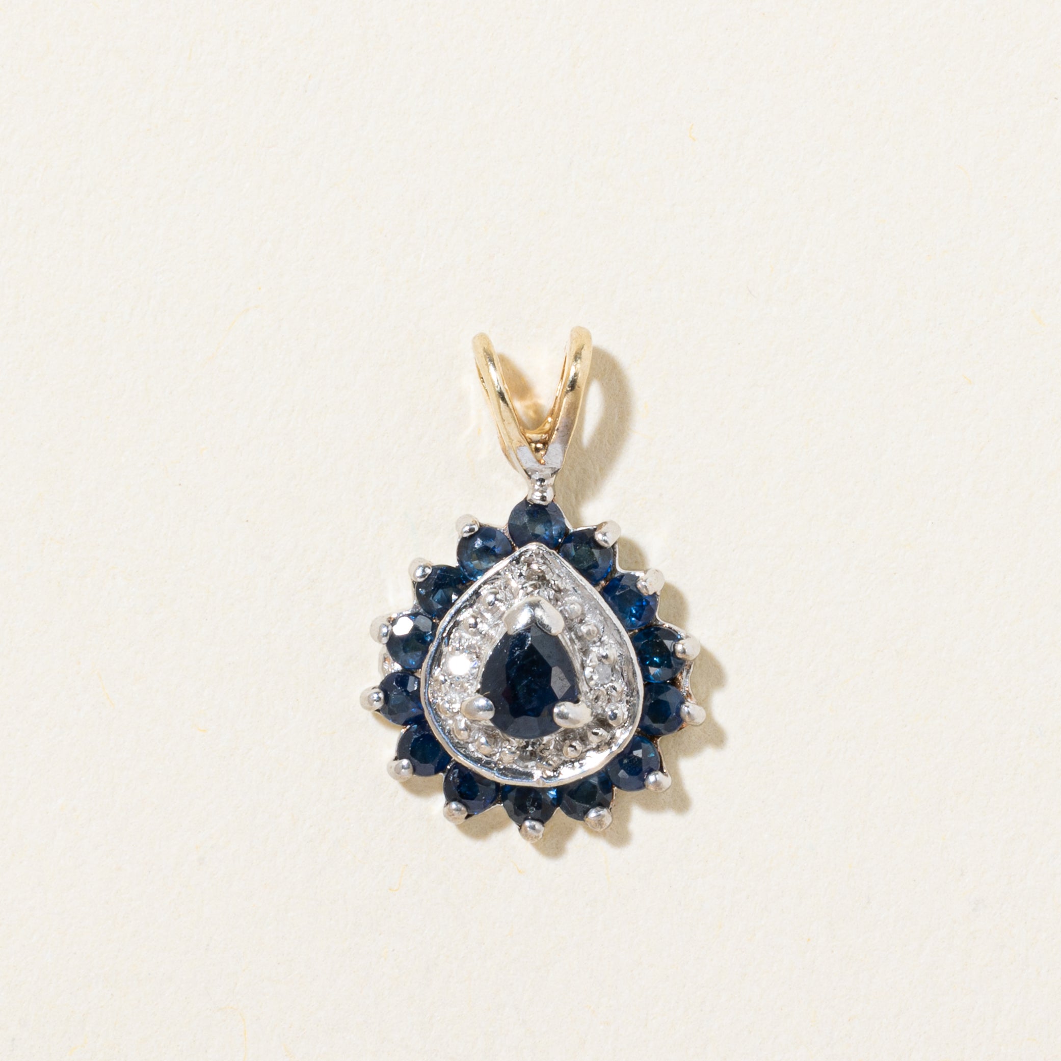 10k Sapphire & Diamond Halo Pear Shaped Pendant