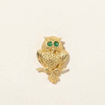 18k Emerald Textured Perched Owl Pendant | 0.02ctw