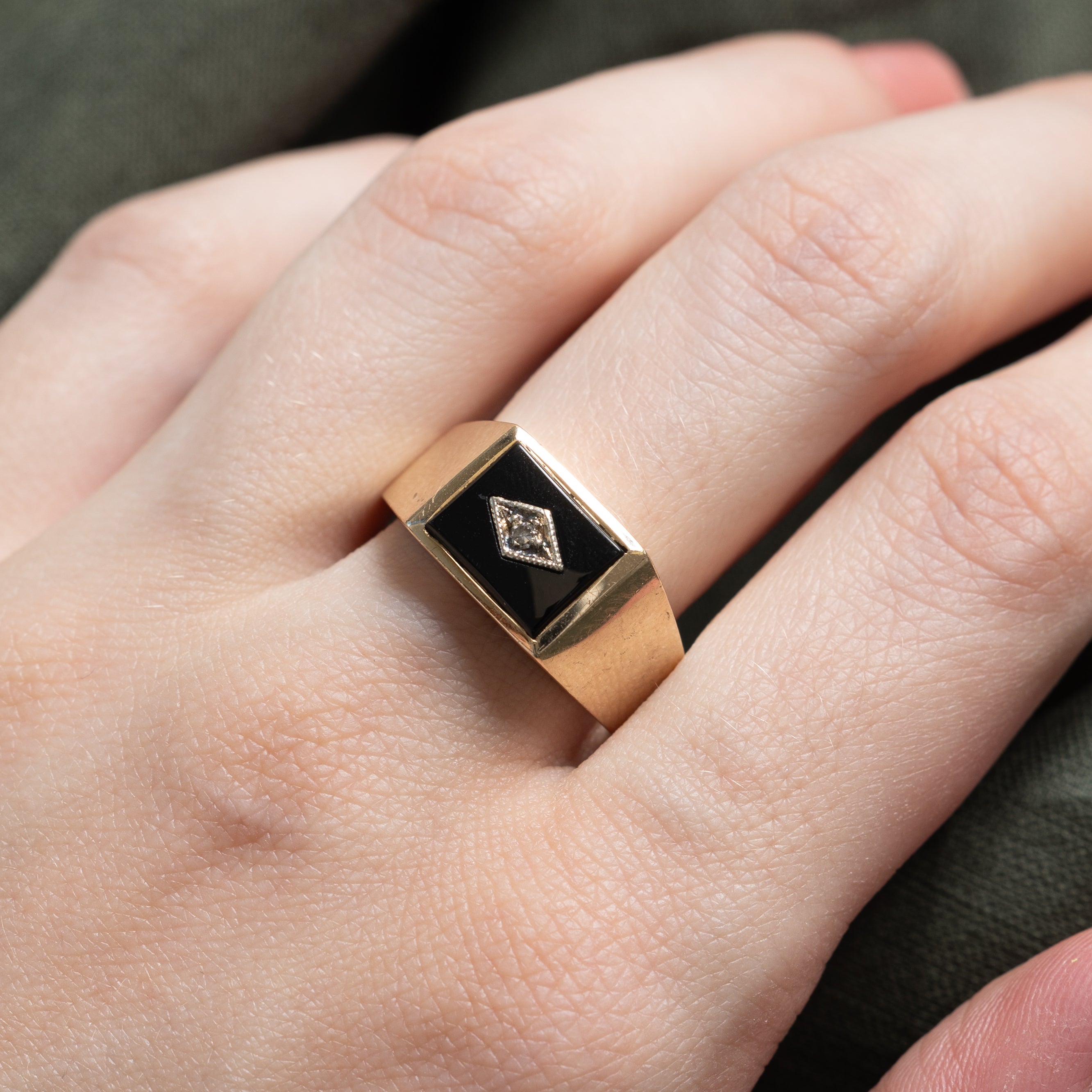 10k Rectangular Onyx & Diamond Signet Ring | 1.24ct | SZ 9
