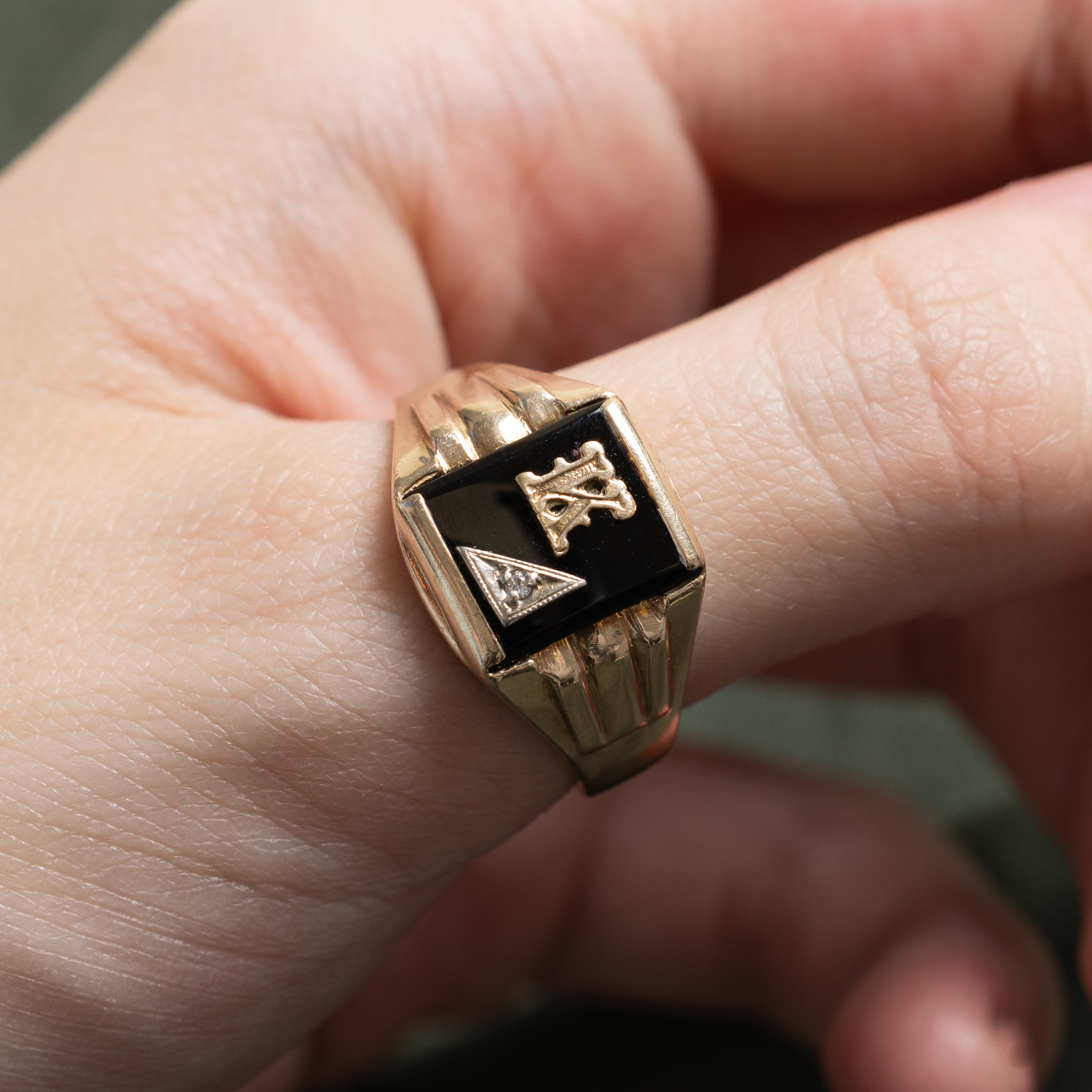 10k Onyx & Diamond "K" Initial Signet Ring | 1.63ct | SZ 11