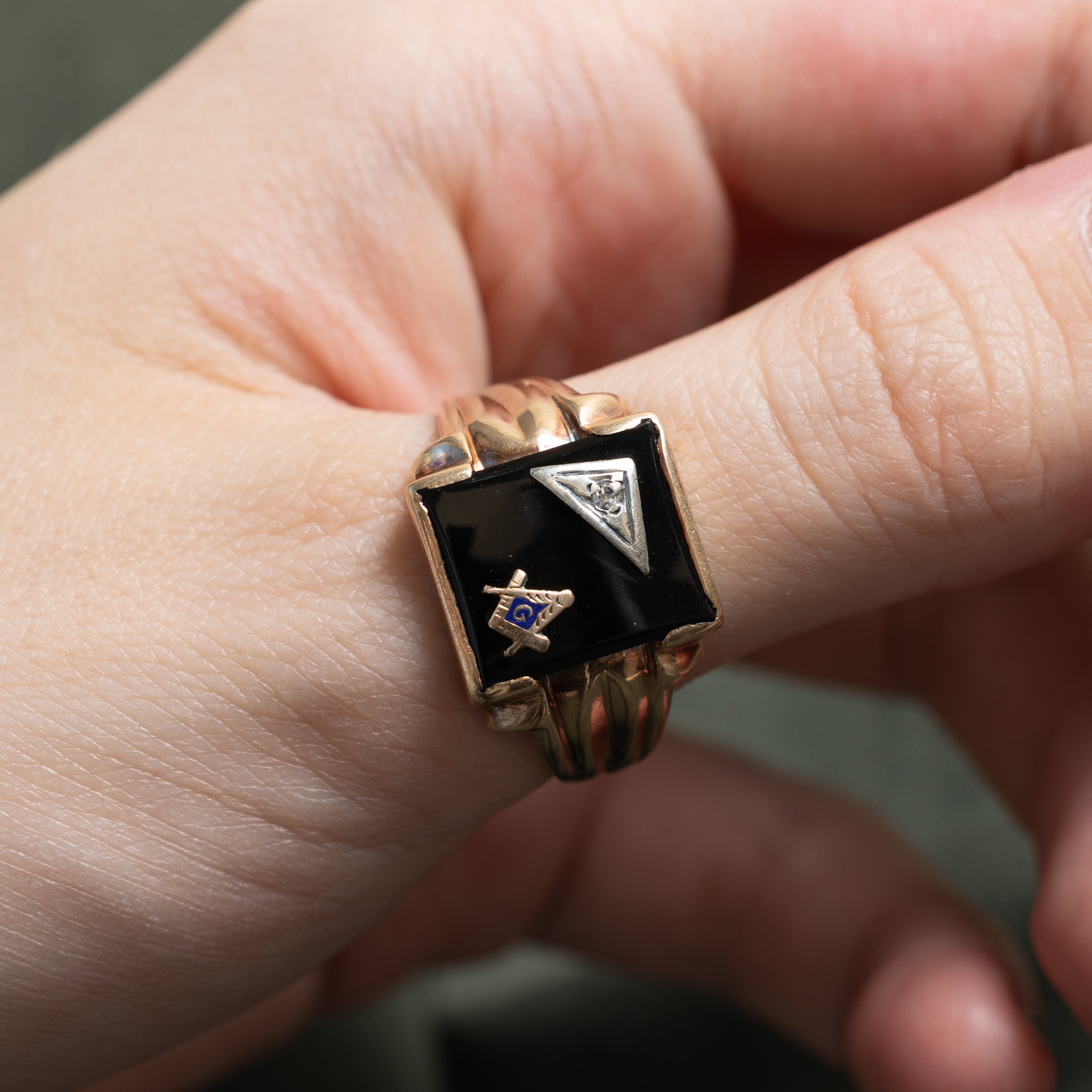 Vintage Canadian 10k Onyx & Diamond Freemason Signet Ring | 2.55ct | SZ 12