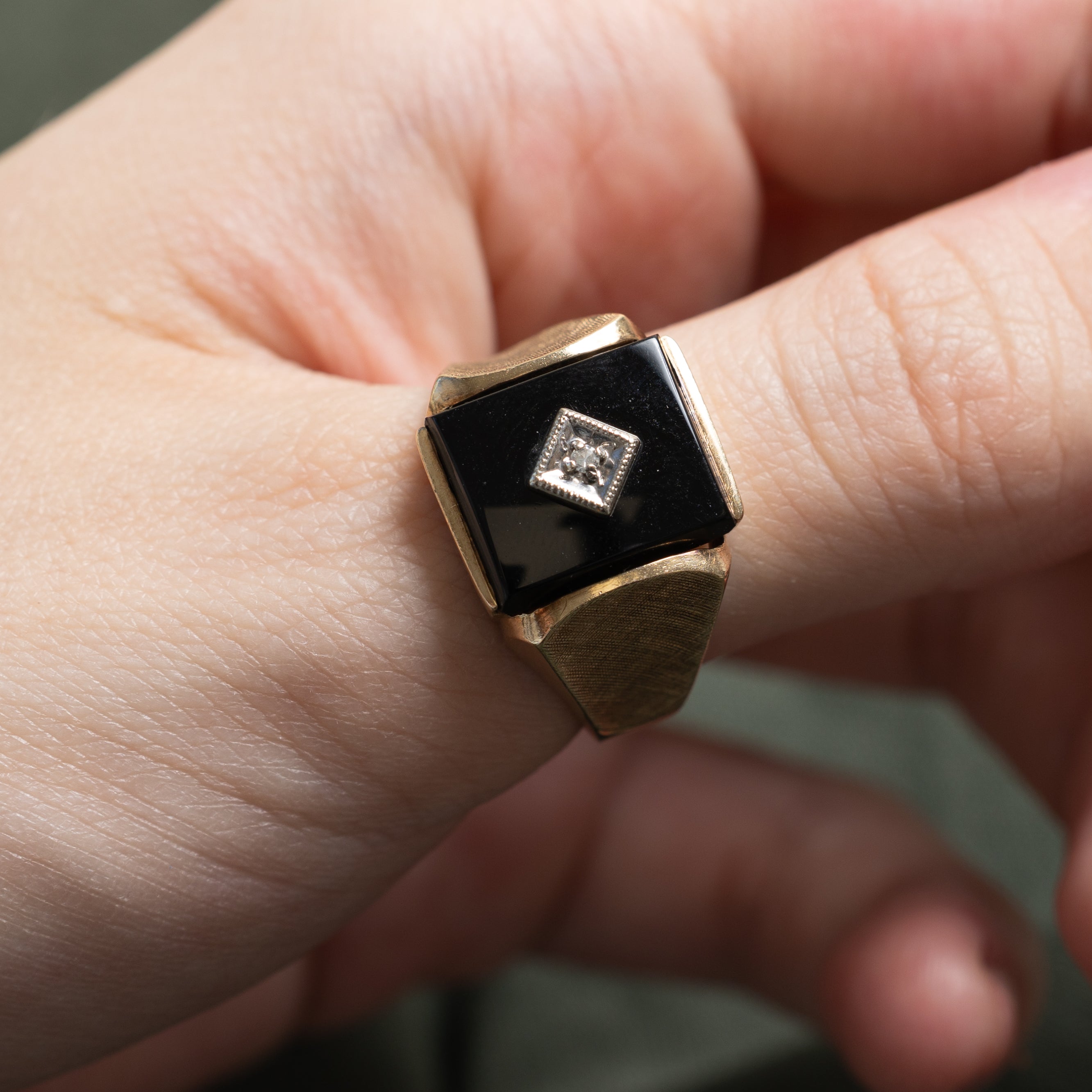 10k Onyx & Diamond Textured Signet Ring | 2.42ct | SZ 10.75