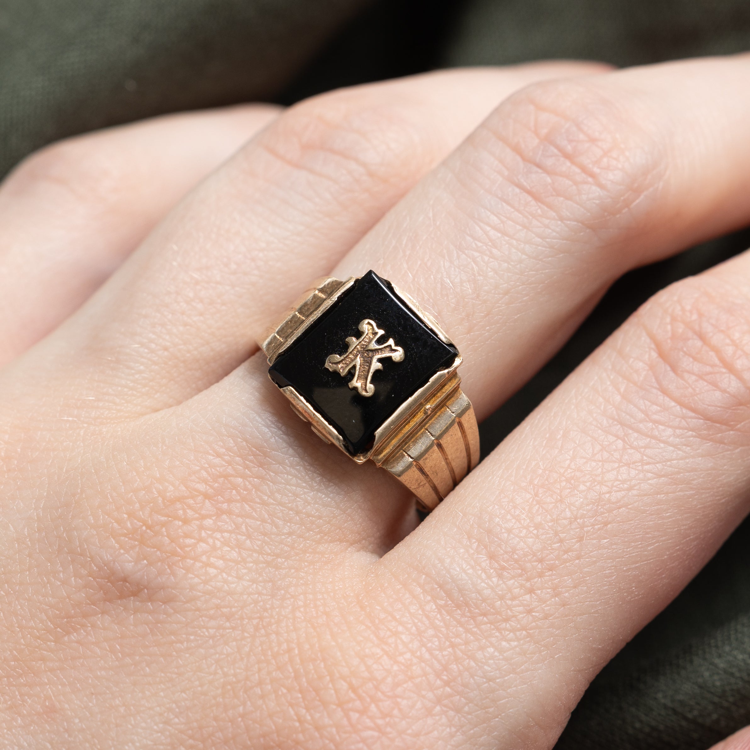 Vintage Canadian 10k Onyx "K" Initial Signet Ring | 1.37ct | SZ 8.25