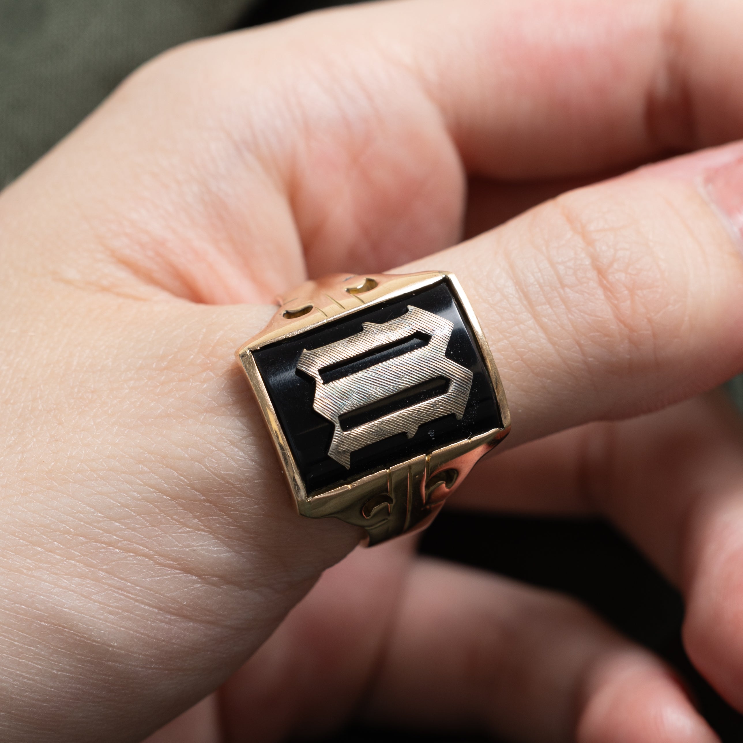 10k Bezel Set Onyx "M" Initial Signet Ring | 1.53ct | SZ 11.5
