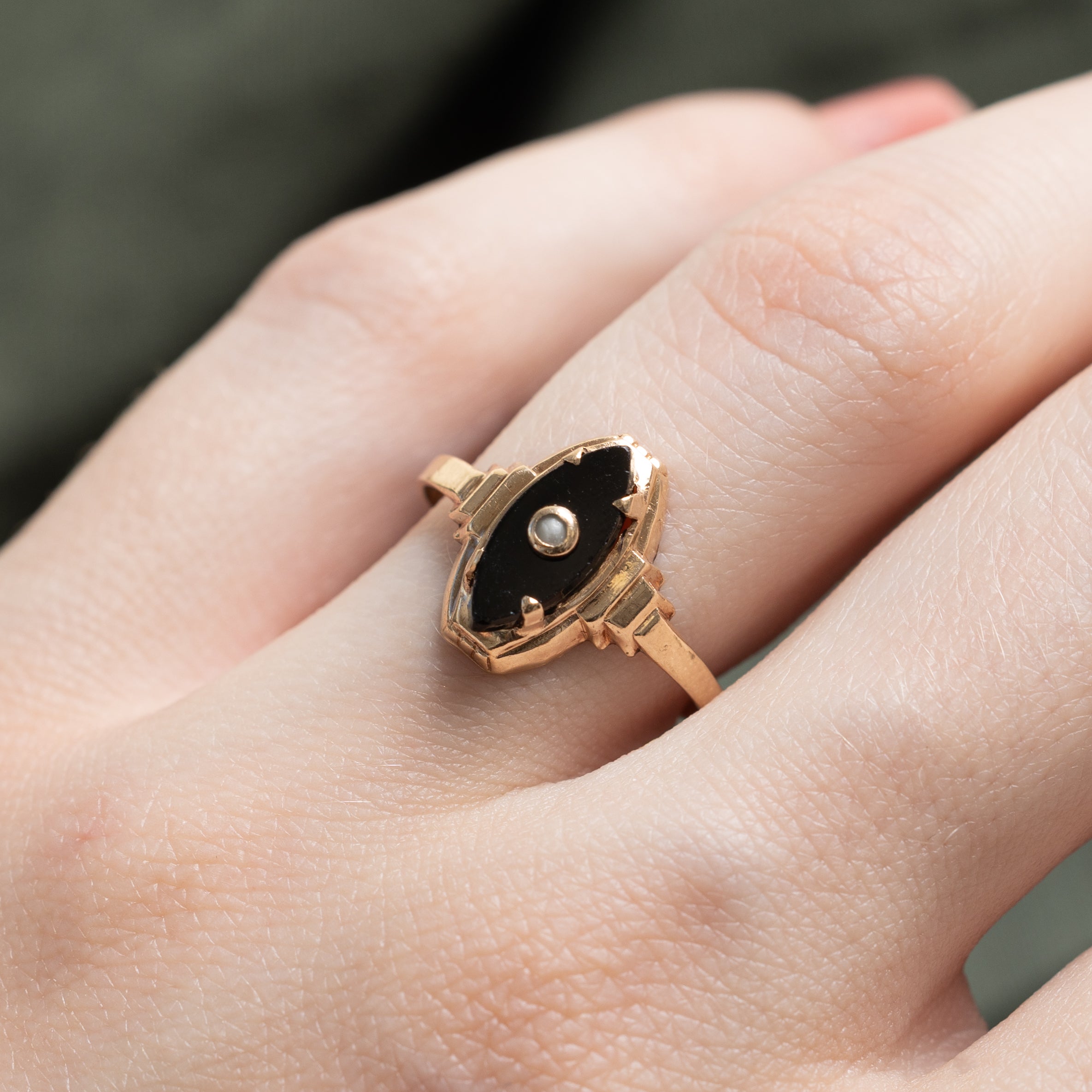 10k Onyx & Seed Pearl Navette Ring | 0.61ctw | SZ 7