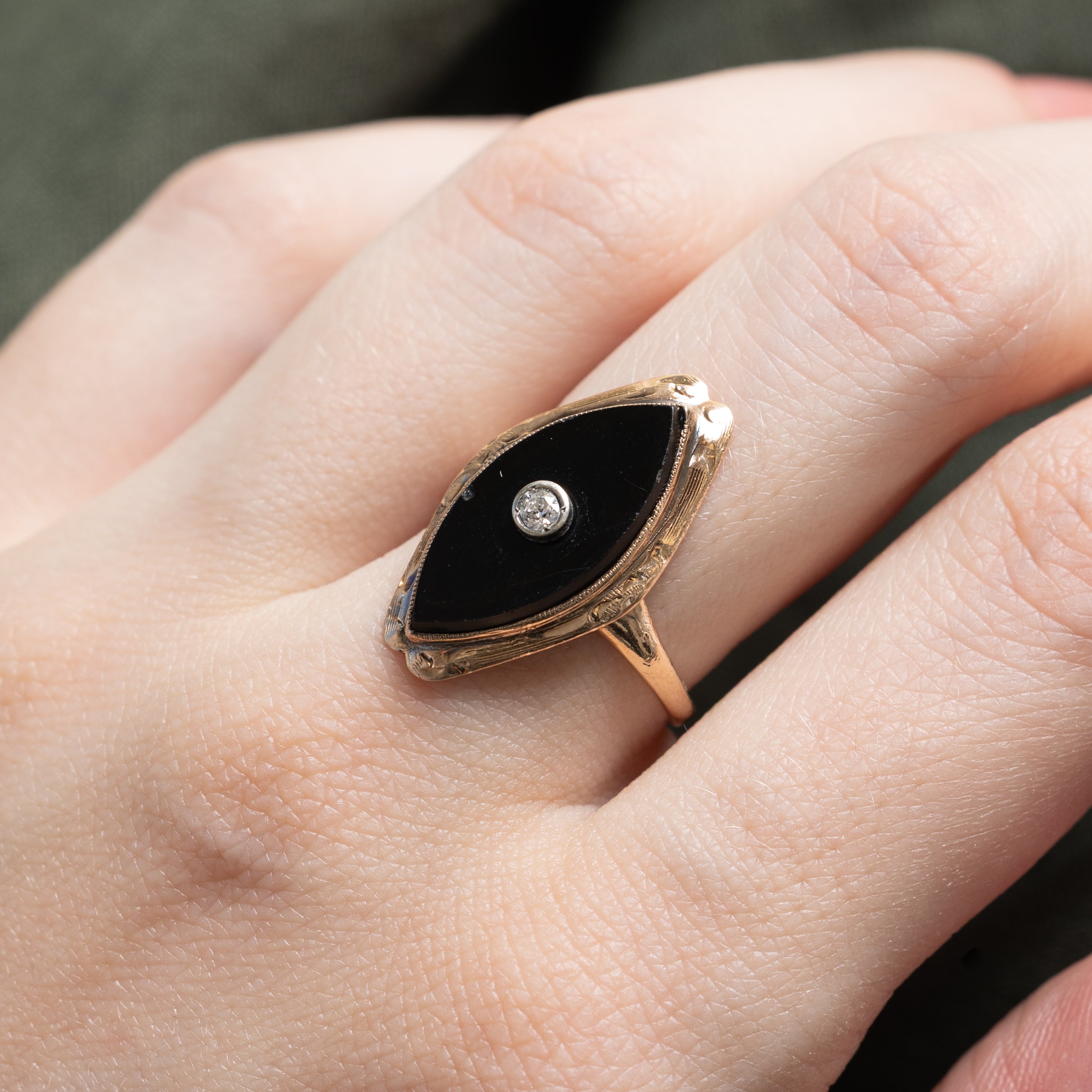 10k Onyx & Diamond Navette Ring | 1.29ct | SZ 6.75