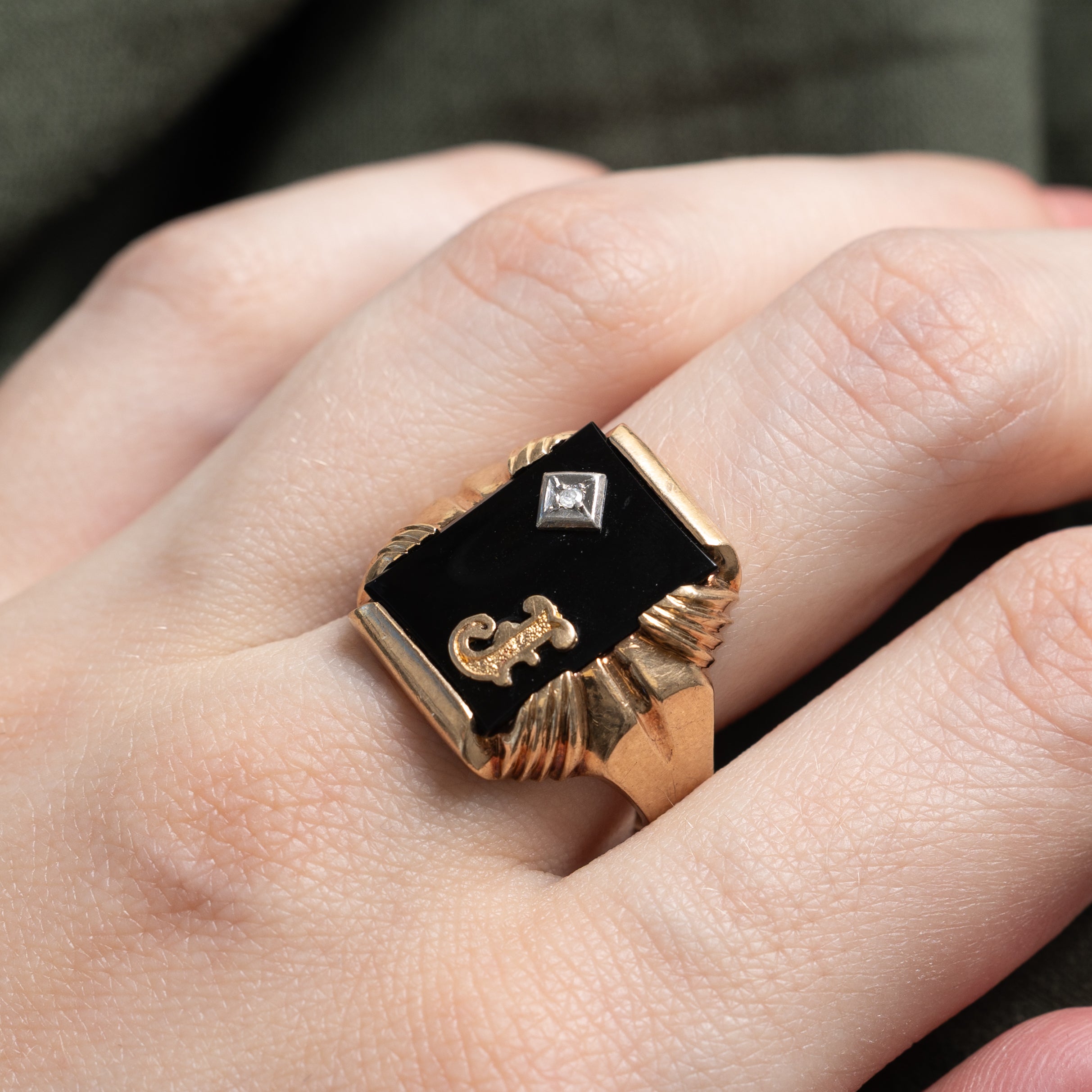 10k Onyx & Diamond "J" Initial Grooved Signet Ring | 2.83ct | SZ 8.25